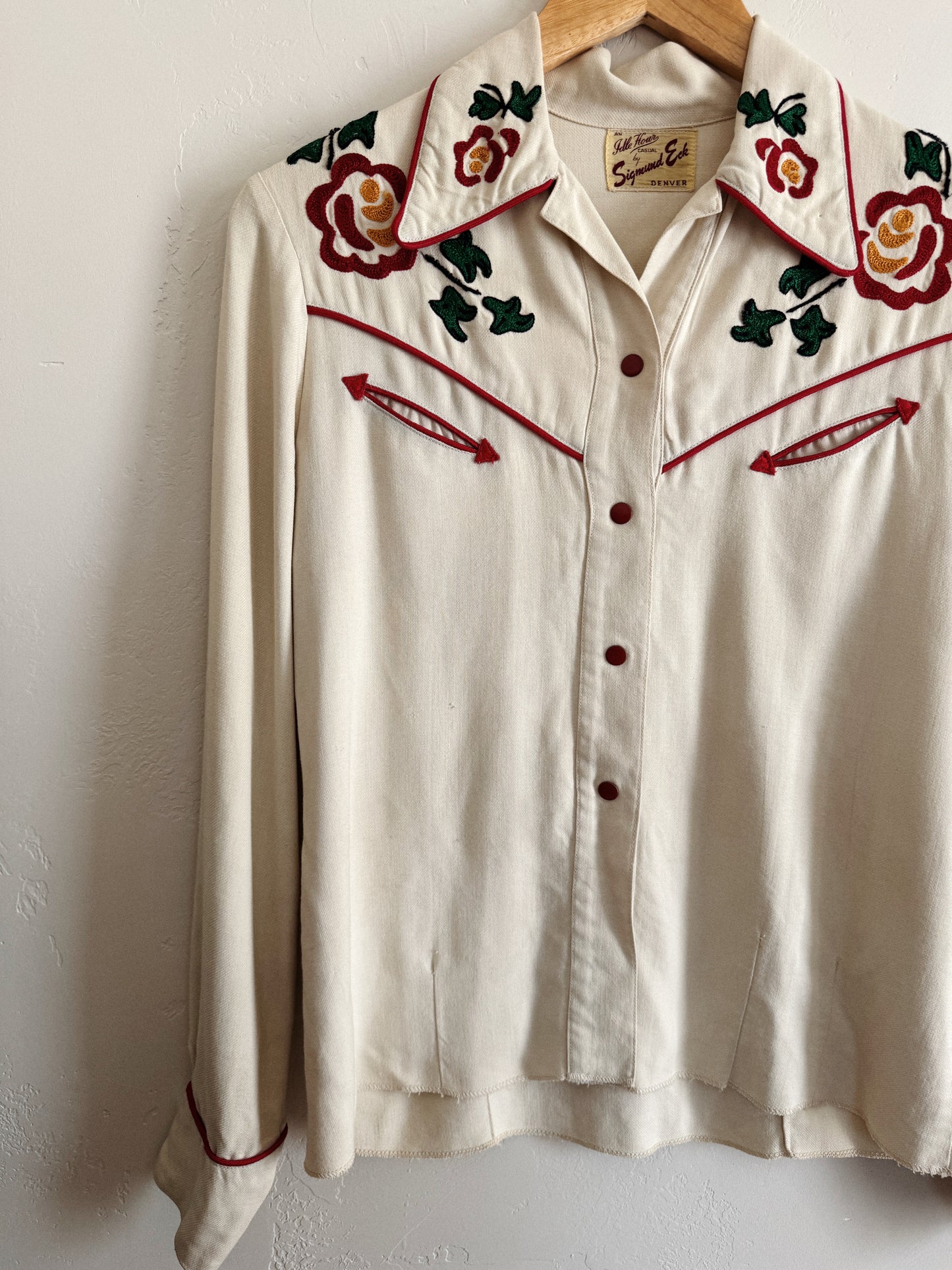 1940s Ivory Western Floral Chain Stitched Blouse- S/M