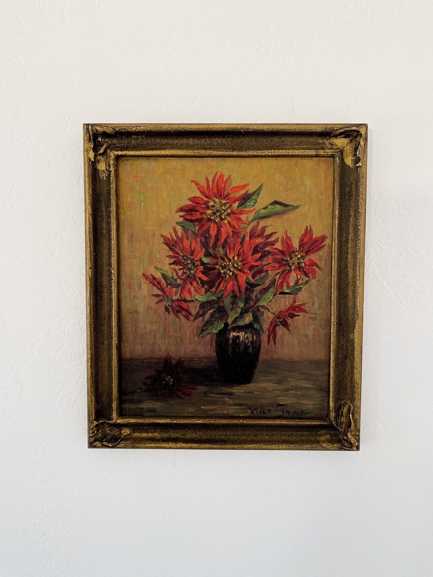 1920s/30s Red Floral Framed Still Life Signed Viola Sayer- 10x12”