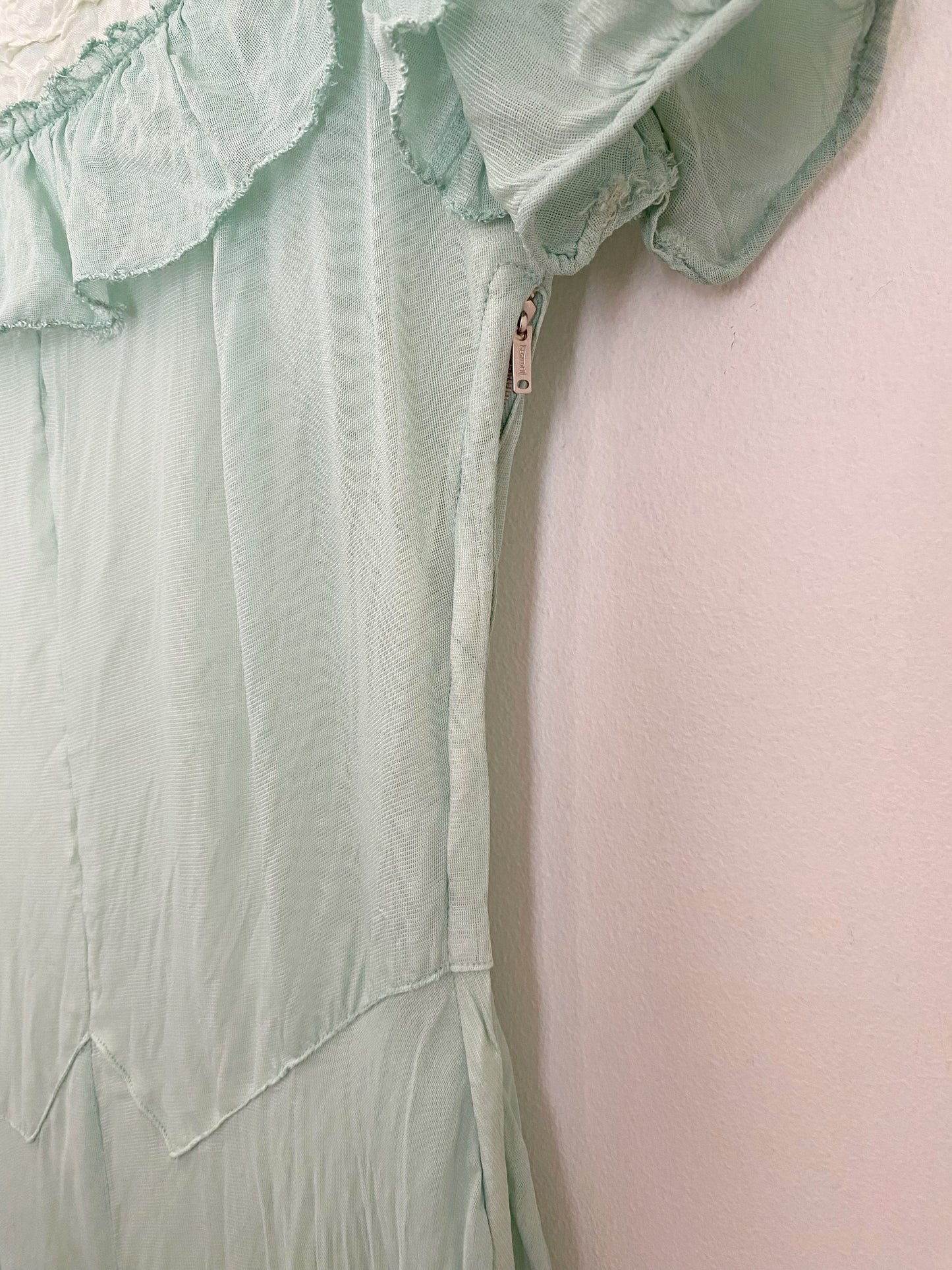 1940s Minty Chiffon Ruffled Gown- 5/6