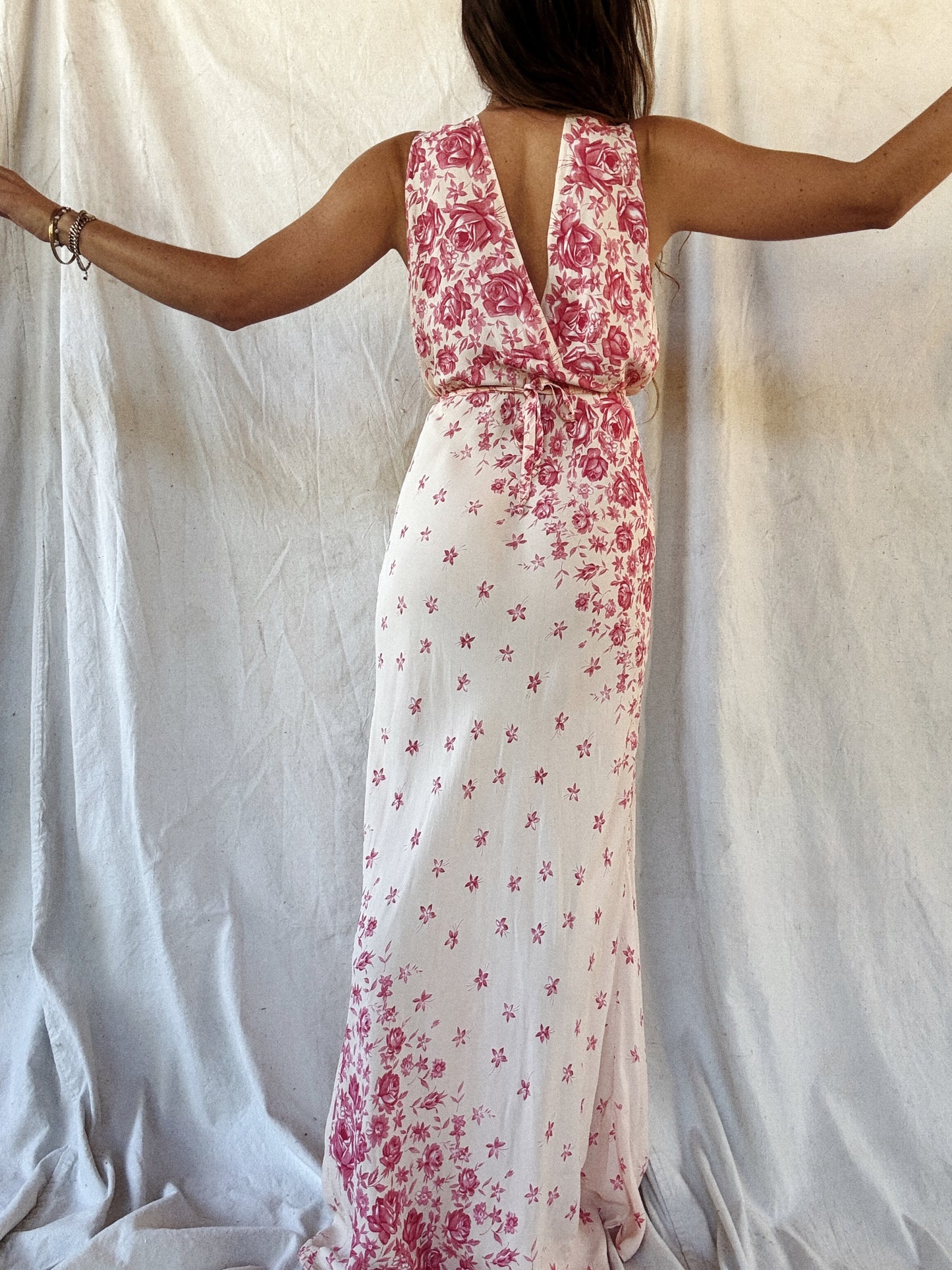 1940s Unique Asymmetrical Rose Printed Slip Dress w/ Tie- M/L
