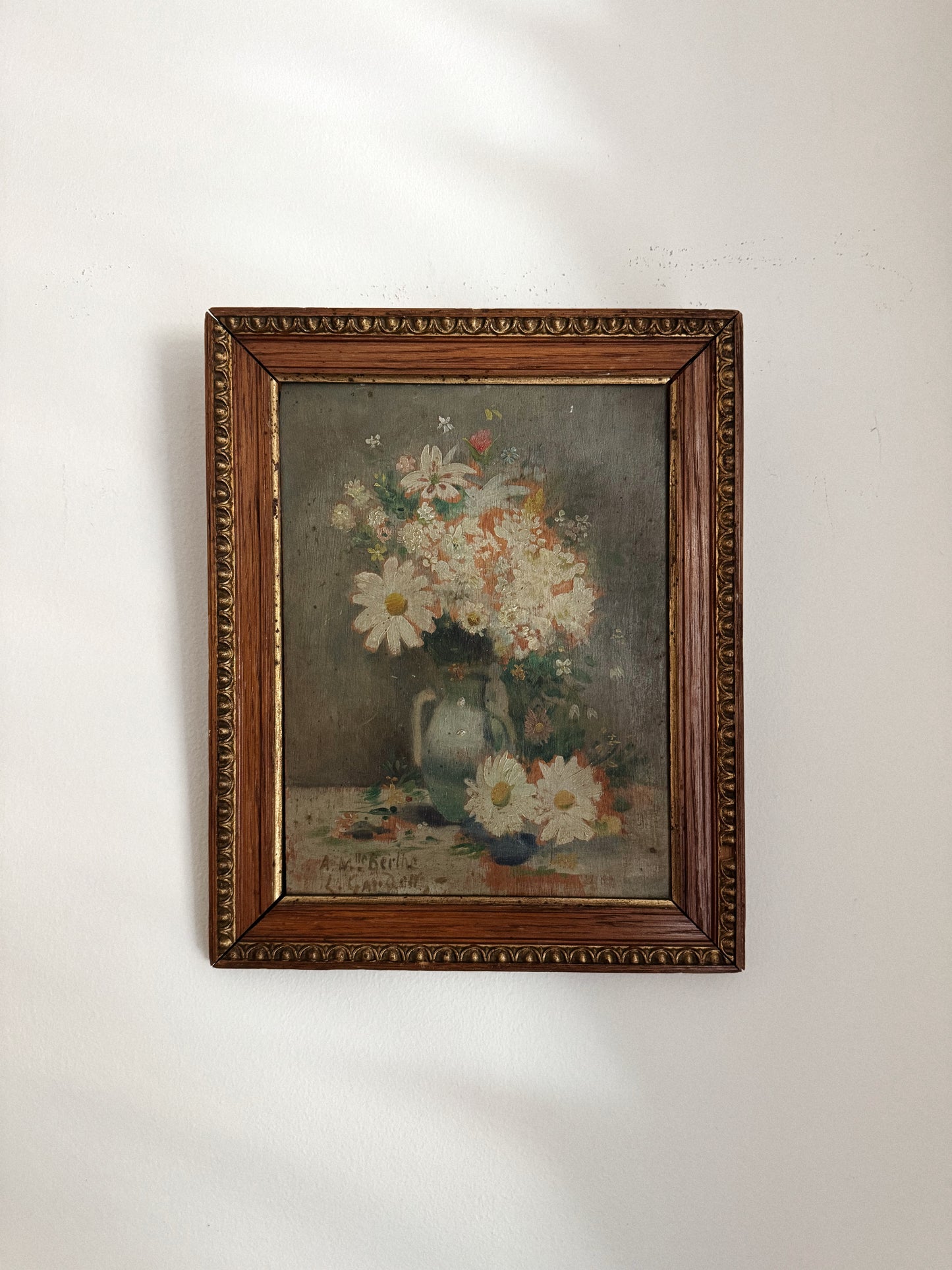 Antique French Spring Daisy Still Life. Oil on Wood- 10 x 8”