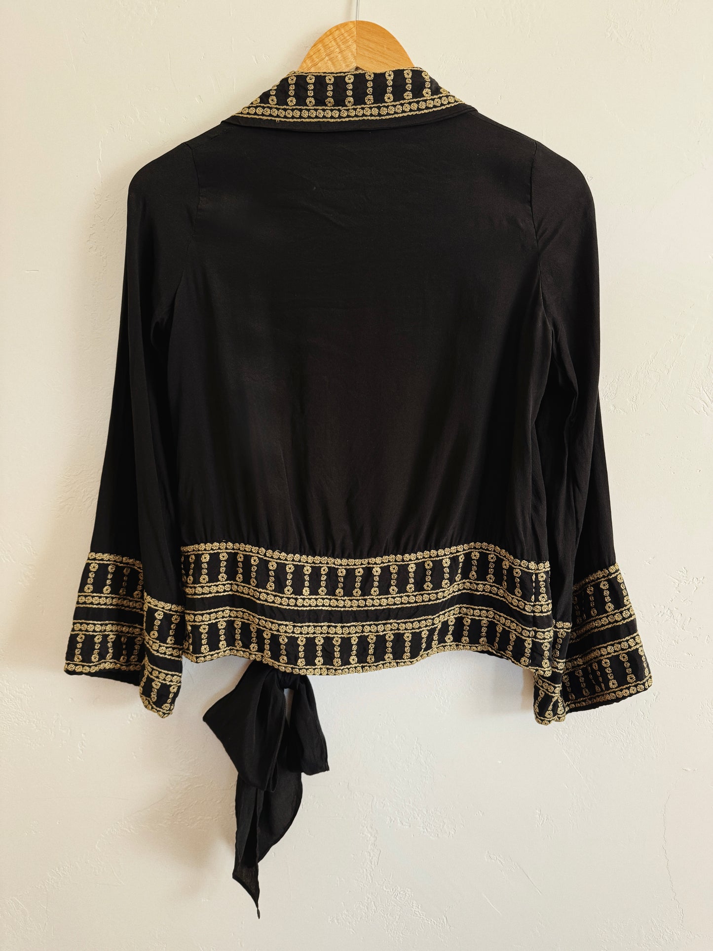 1920s/30s Grecian Black Silk Crepe Blouse w/ Gold Embroidery- S/M