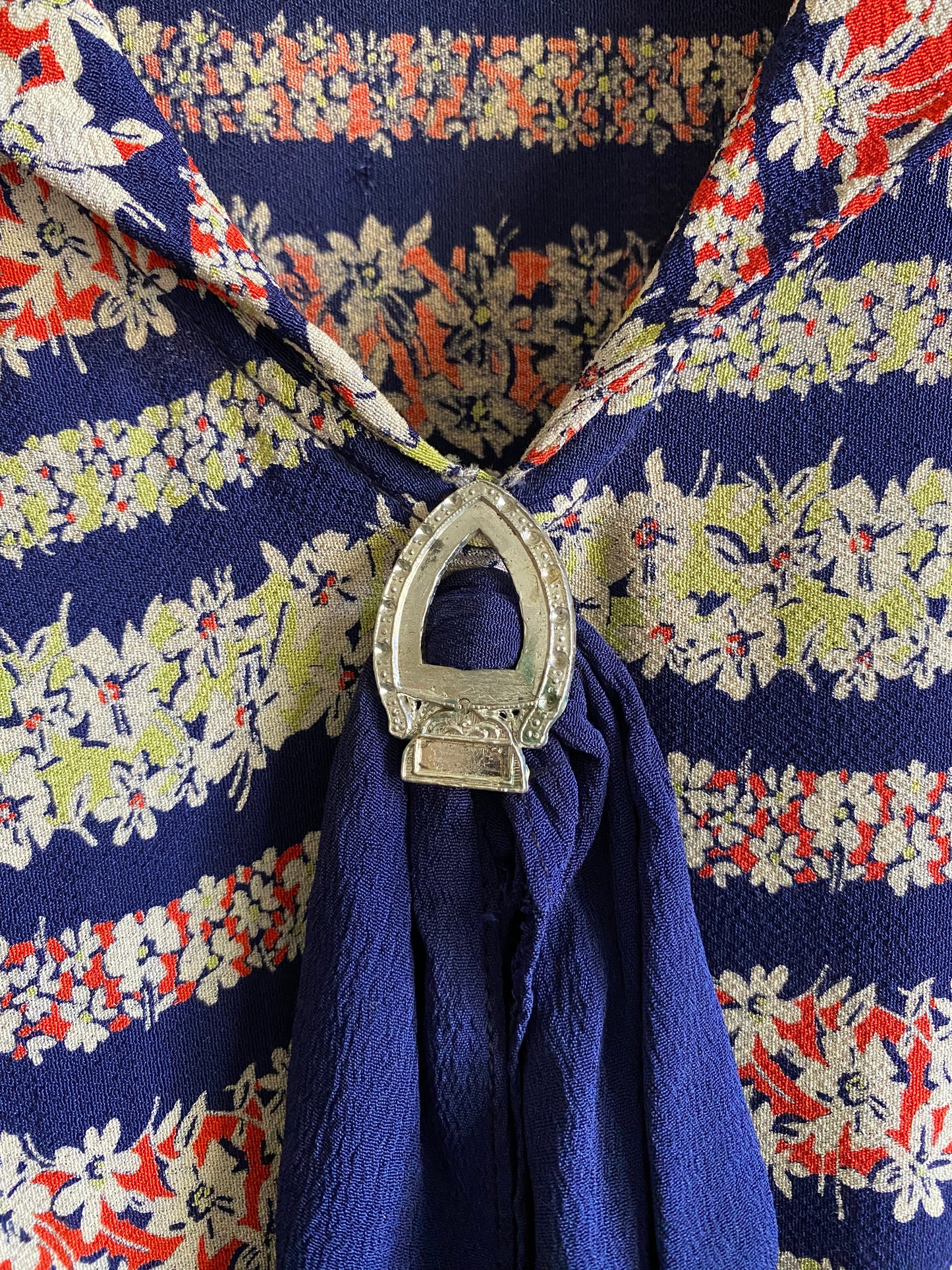 1930s Slinky Navy Floral Rayon Crepe Day Dress- S/M