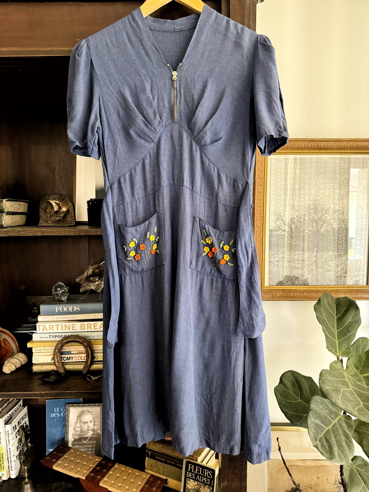 1930s Blue Day Dress w/ Puffed Shoulders + Felt Floral + Stud Pockets- S/M