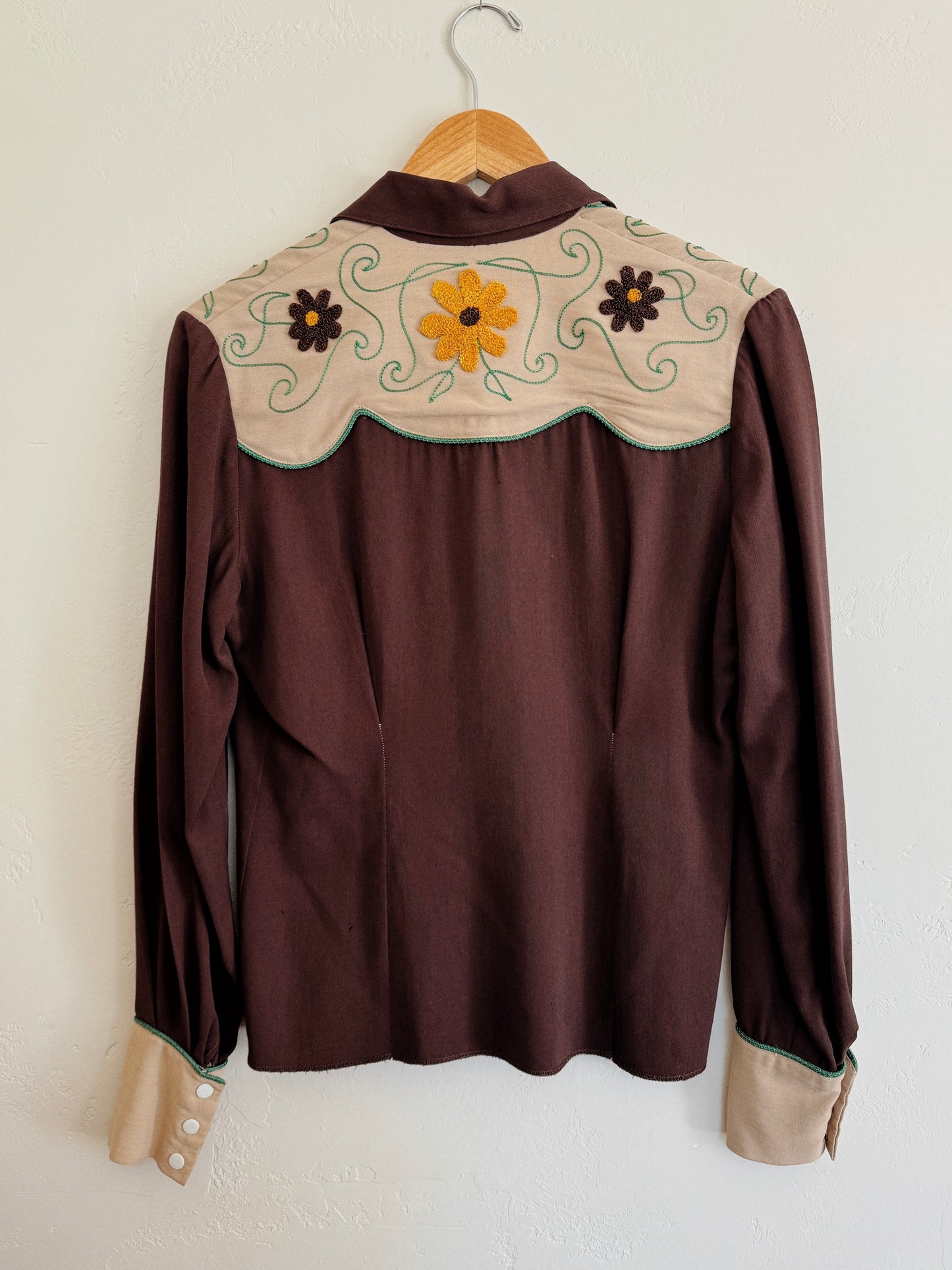 1940s Brown Daisy Gabardine Western Top- M