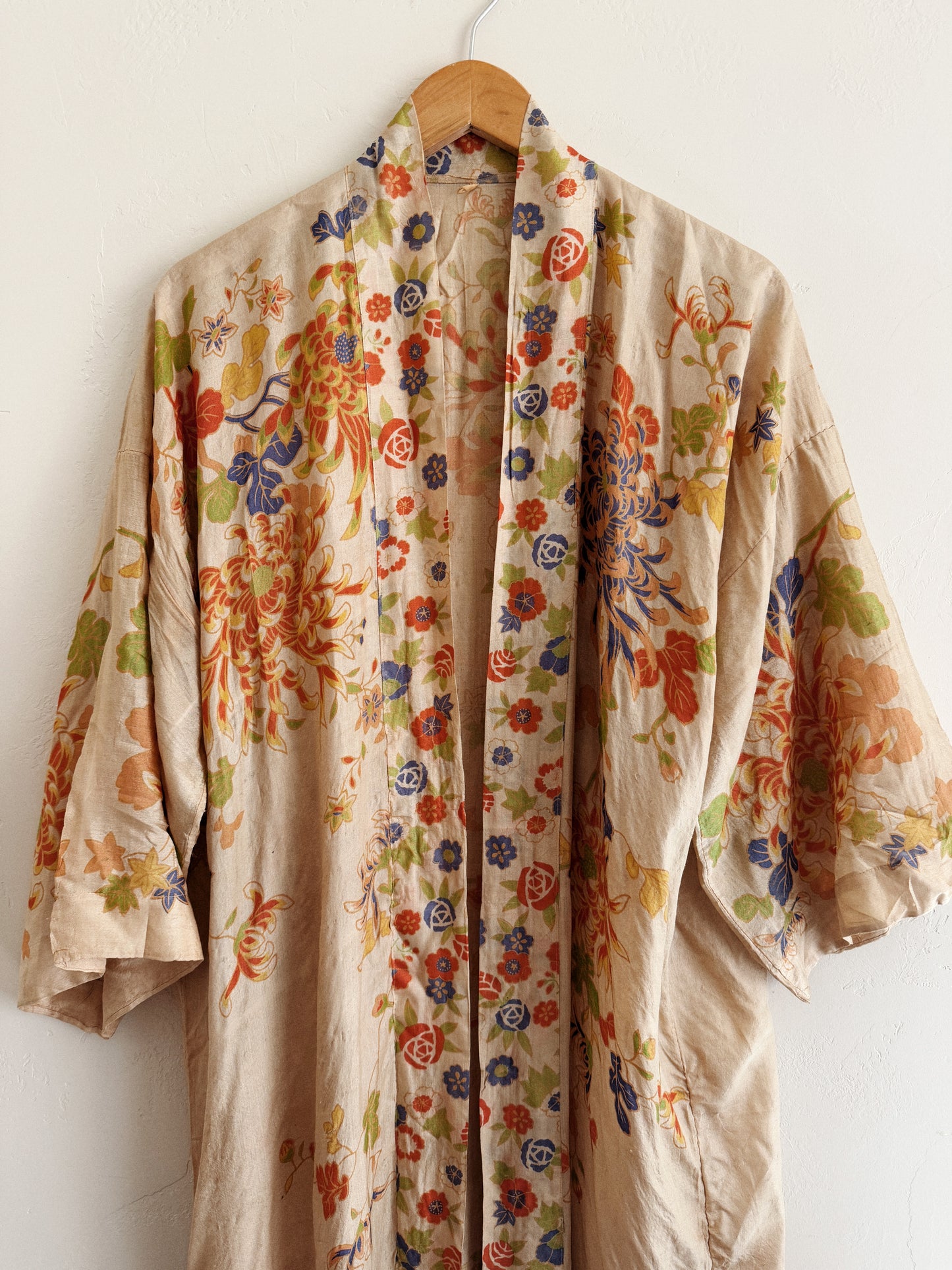 1920s Chartreuse Pongee Silk Duster w/ Chrysanthemum + Autumnal Leaves
