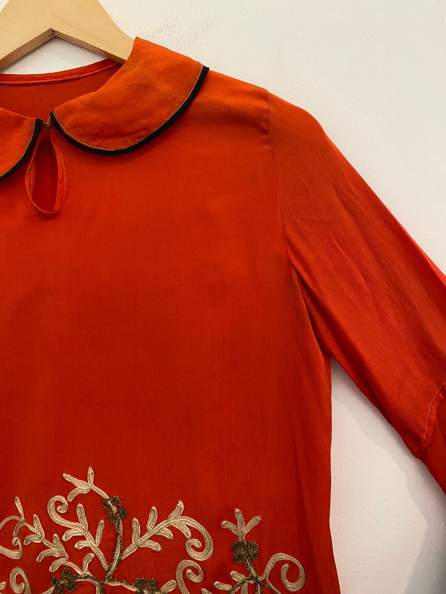 1920s Carnelian Silk Crepe Soutache Dress w/ Bishop Sleeves- XS/S