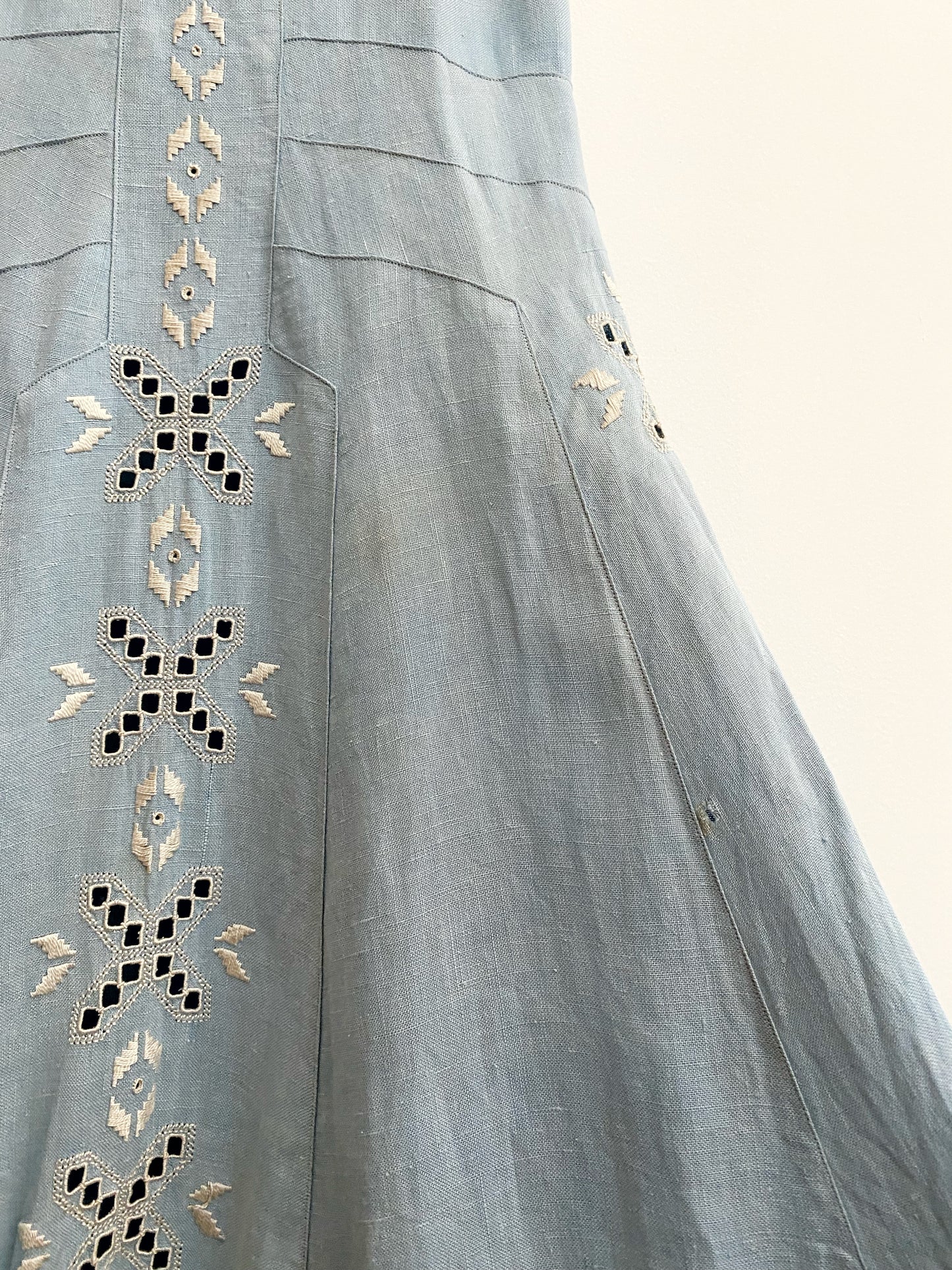 1920s Pale Blue Embroidered Linen Drop Waist Dress- M/L
