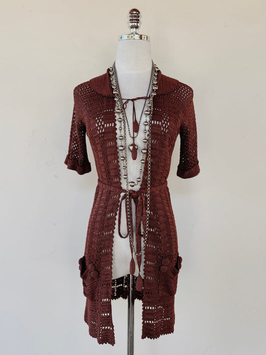 1920s Espresso Silk Crocheted Cardigan w/ Pom Poms- XS-S