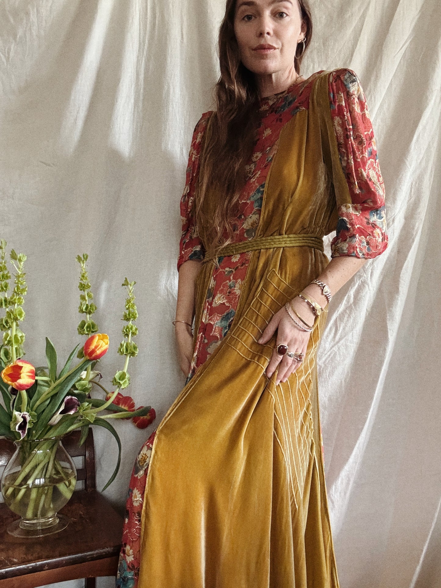 1930s Medieval Golden Velvet + Red Floral Lamé Gown- S/M
