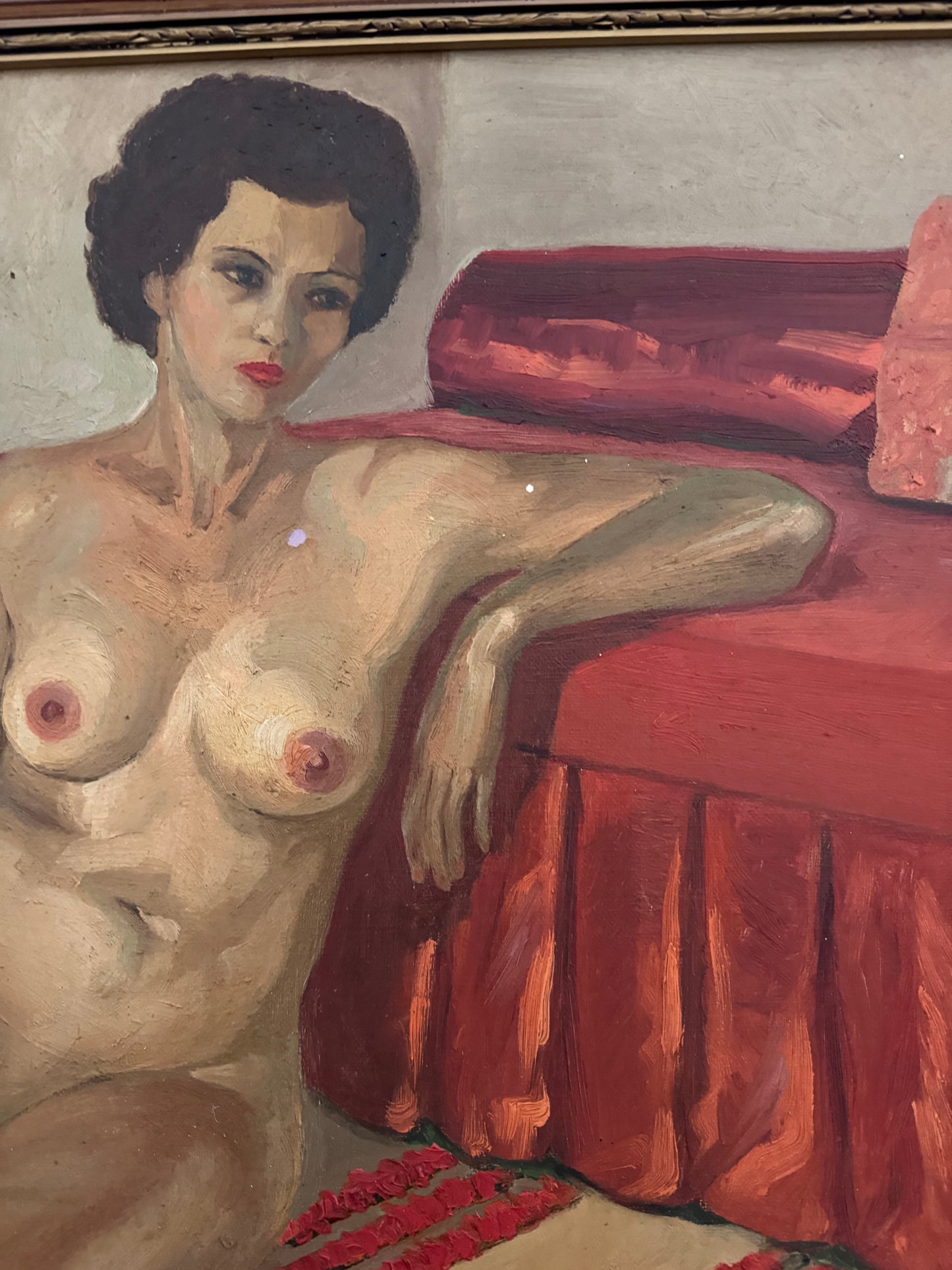 Mid Century Nude of Moroccan Woman on Red Striped Carpet- 21 x 25”