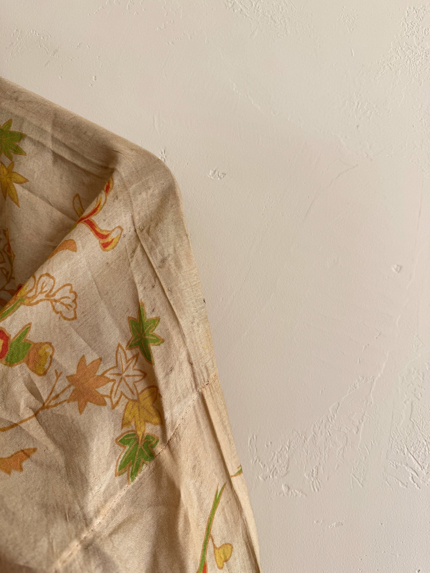 1920s Chartreuse Pongee Silk Duster w/ Chrysanthemum + Autumnal Leaves