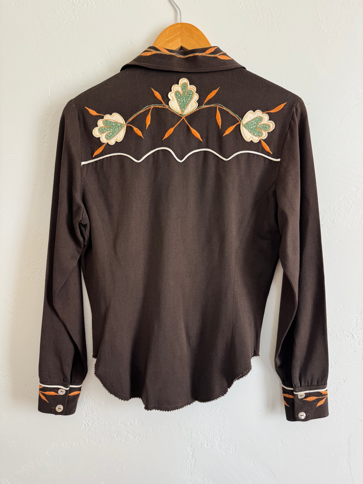 1940s/50s Chocolate Western Blouse w/ Orange + Mint Chain Stitching- M
