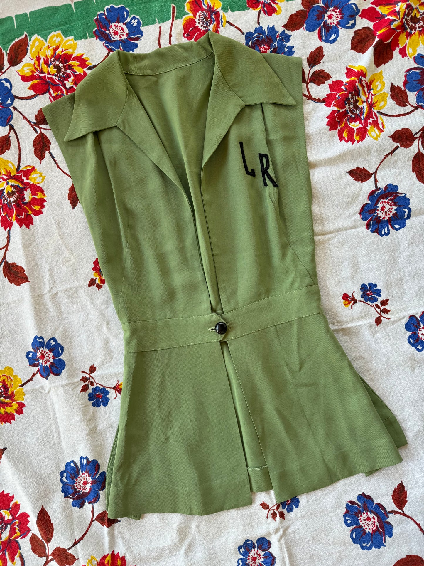 1940s Pistachio Gabardine “LR” Monogrammed Pinafore Top- XS