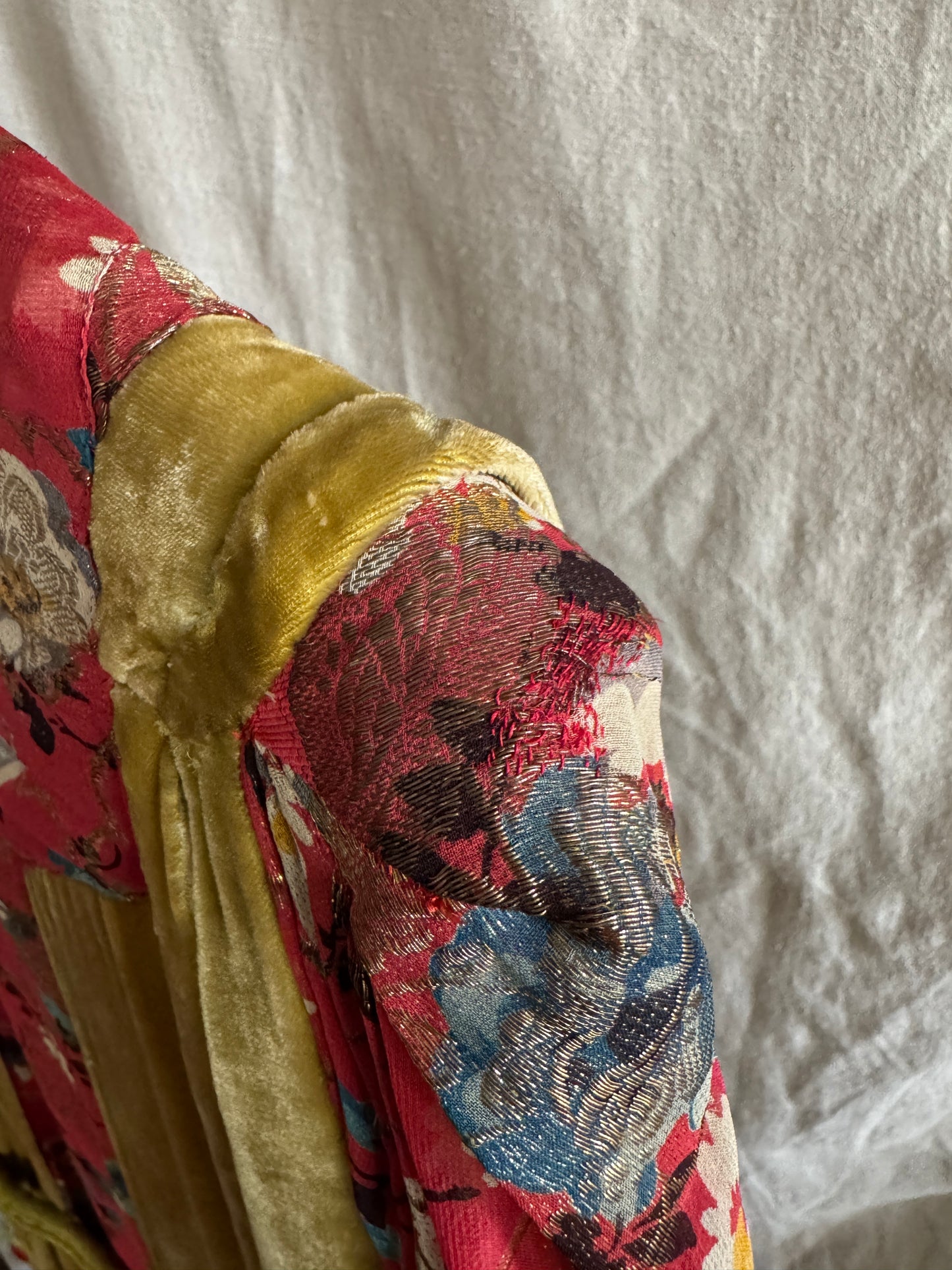 1930s Medieval Golden Velvet + Red Floral Lamé Gown- S/M