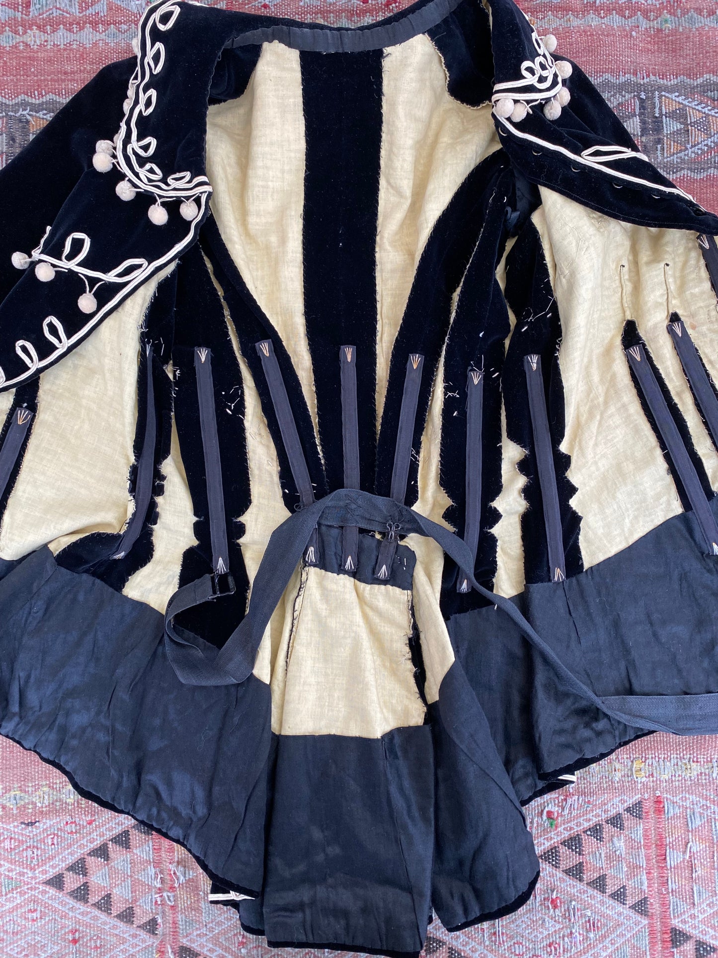 Victorian Black Velvet Tailored Jacket w/ Pom Poms and Peter Pan Collar- S