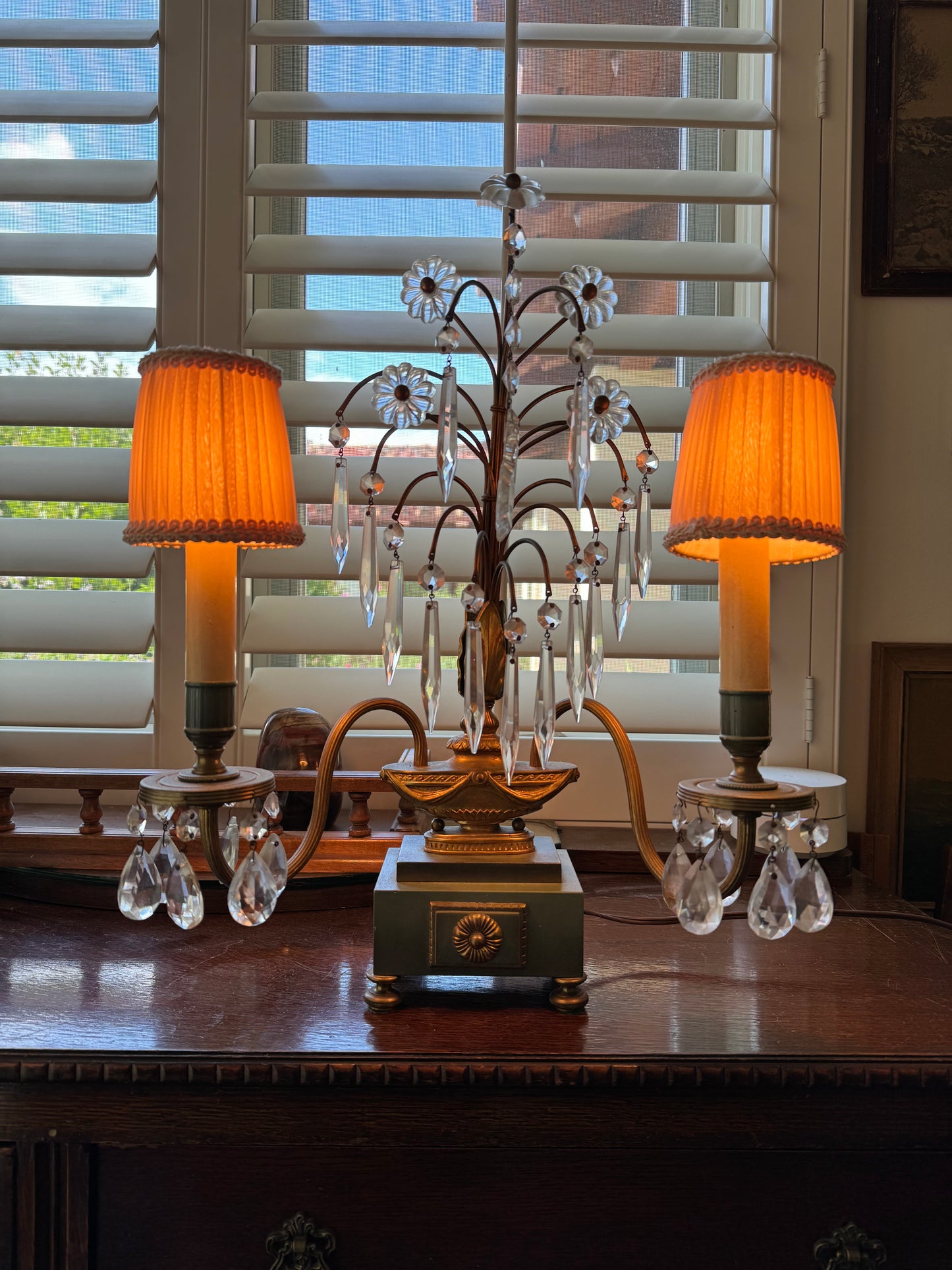 Pair Mid Century French Girandoles Accent Lamps w/ Crystal Accents
