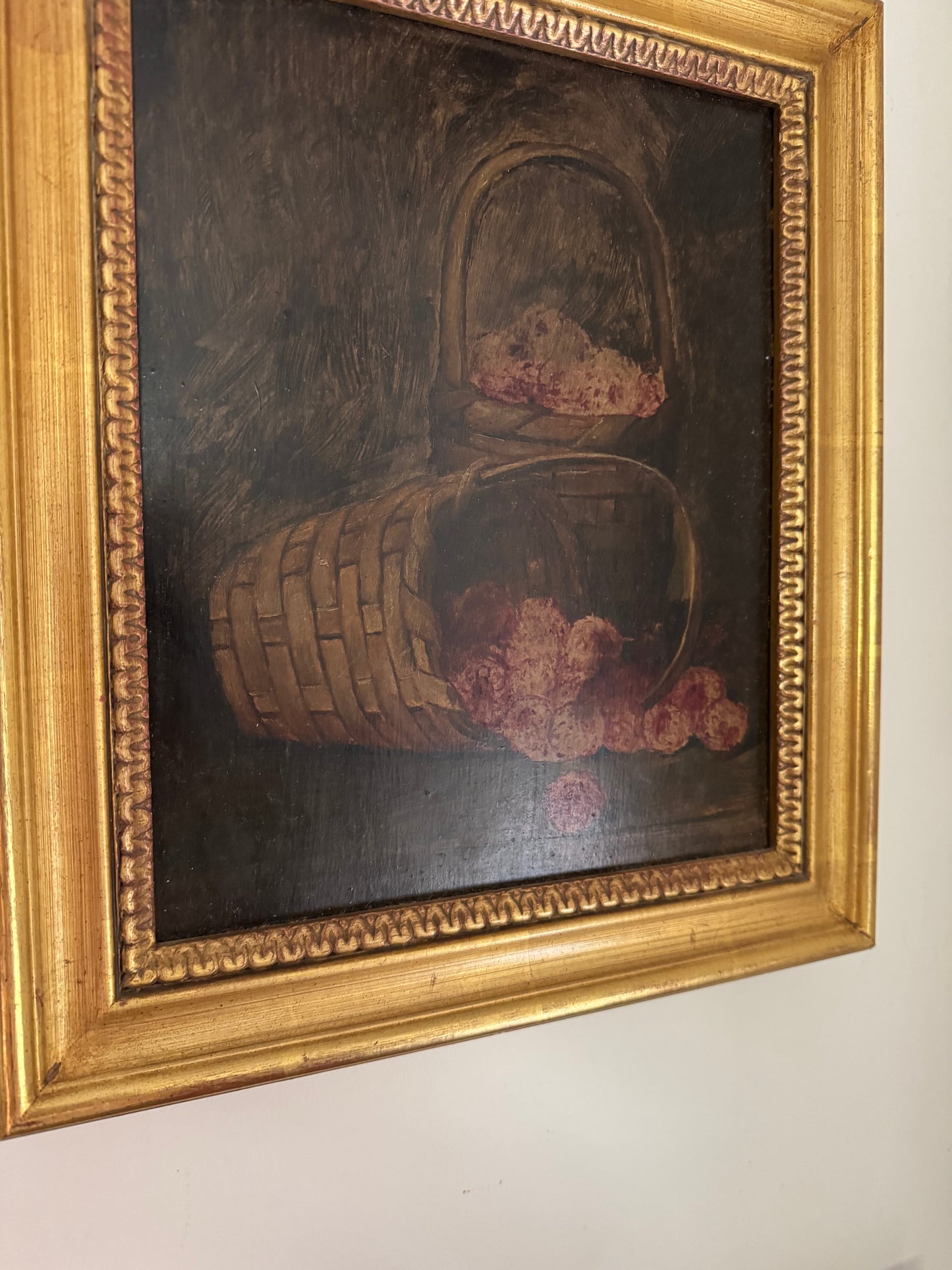 1940s Baskets of Raspberries Still Life Oil Painting- 12 x 14”