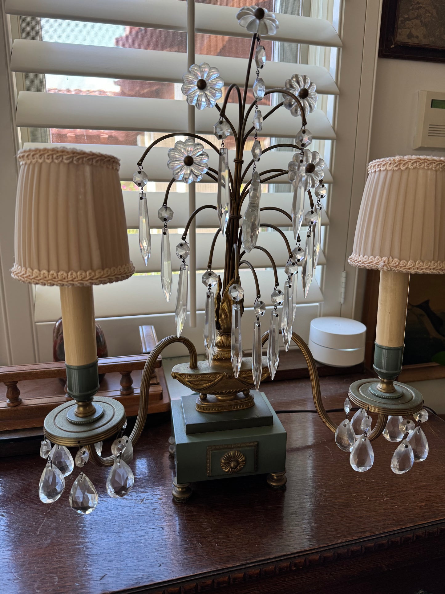 Pair Mid Century French Girandoles Accent Lamps w/ Crystal Accents