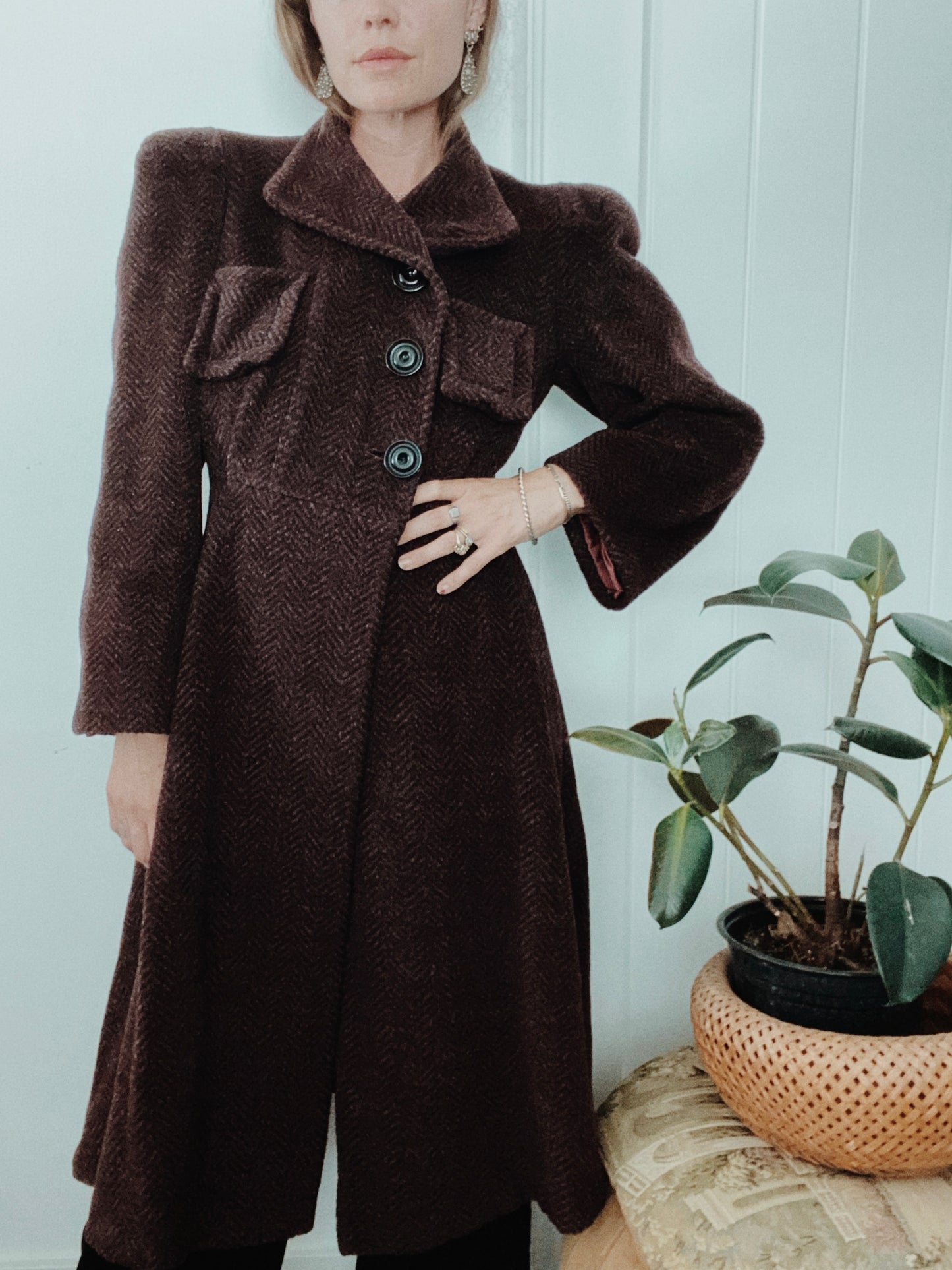 1930s Brown + Purple Chevron Puffed Sleeve Coat- M/L