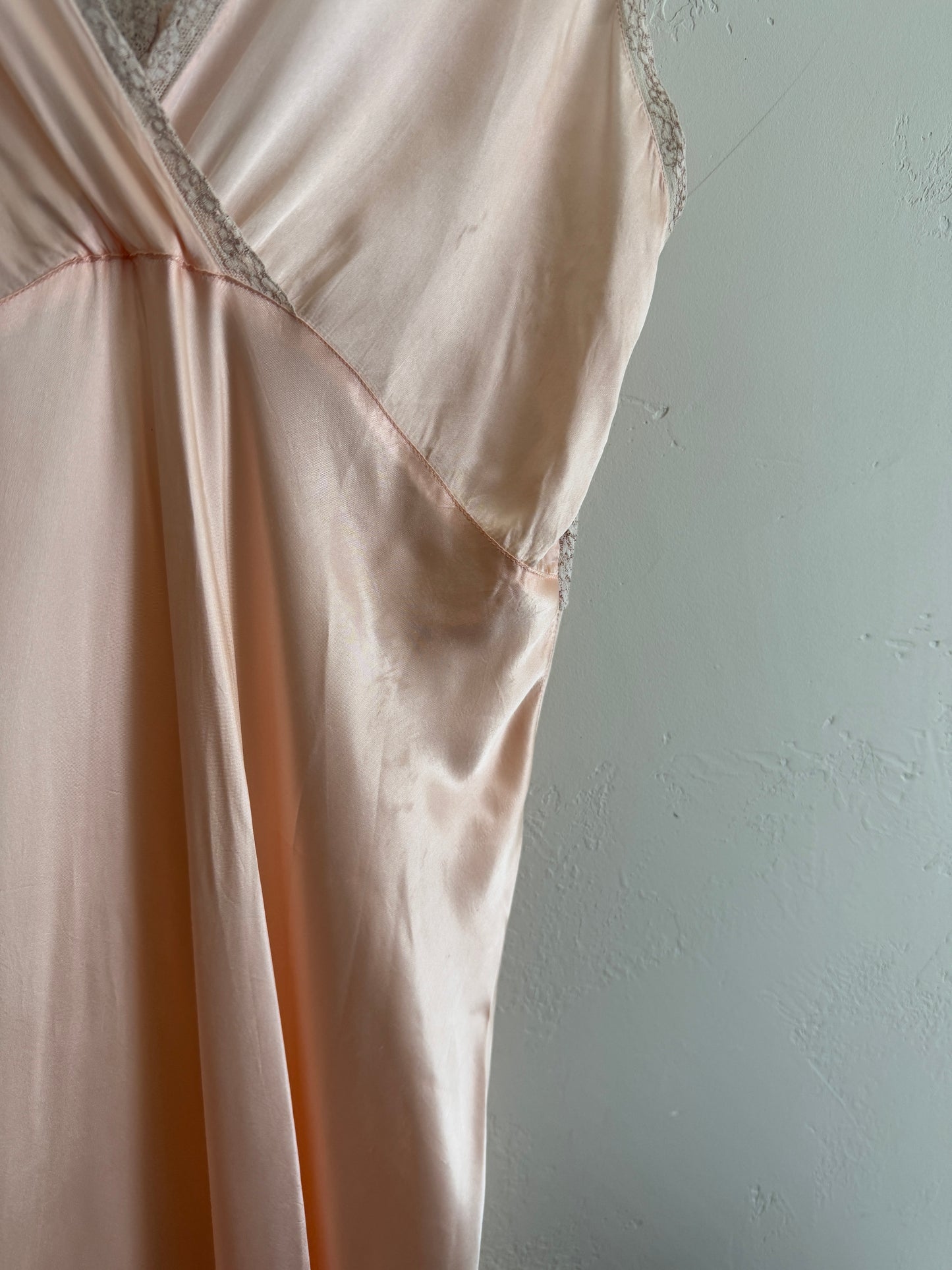 1930s Blush Pink Rayon Chiffon + Lace Slip Dress- S/M