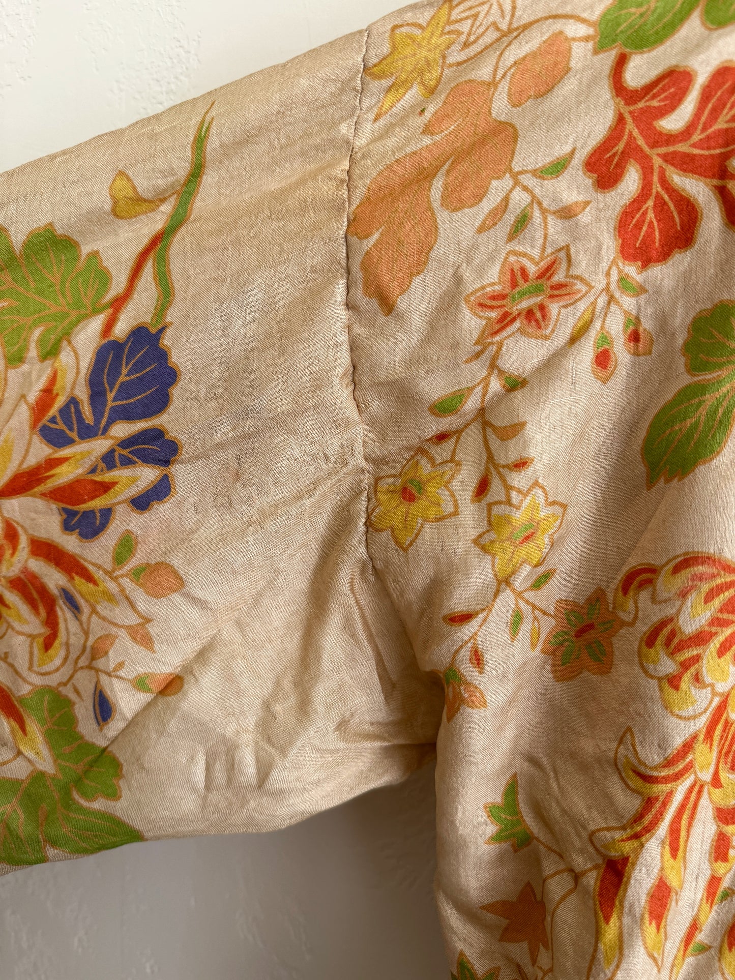 1920s Chartreuse Pongee Silk Duster w/ Chrysanthemum + Autumnal Leaves