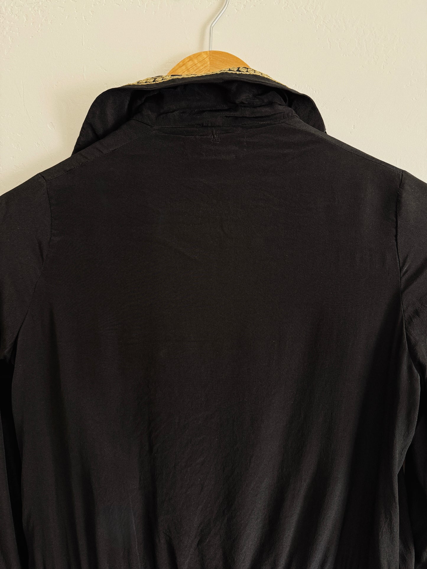 1920s/30s Grecian Black Silk Crepe Blouse w/ Gold Embroidery- S/M