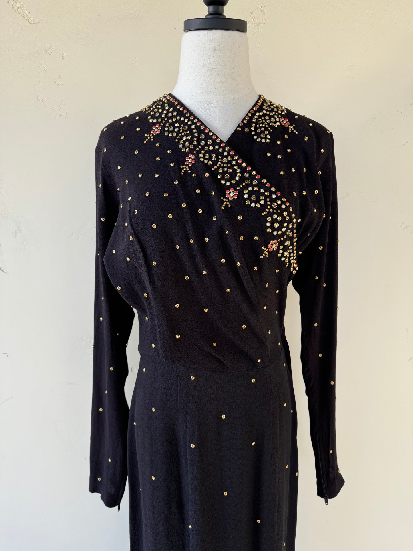 1940s Heavily Encrusted Rhinestone + Studded Crepe Evening Gown- M/L