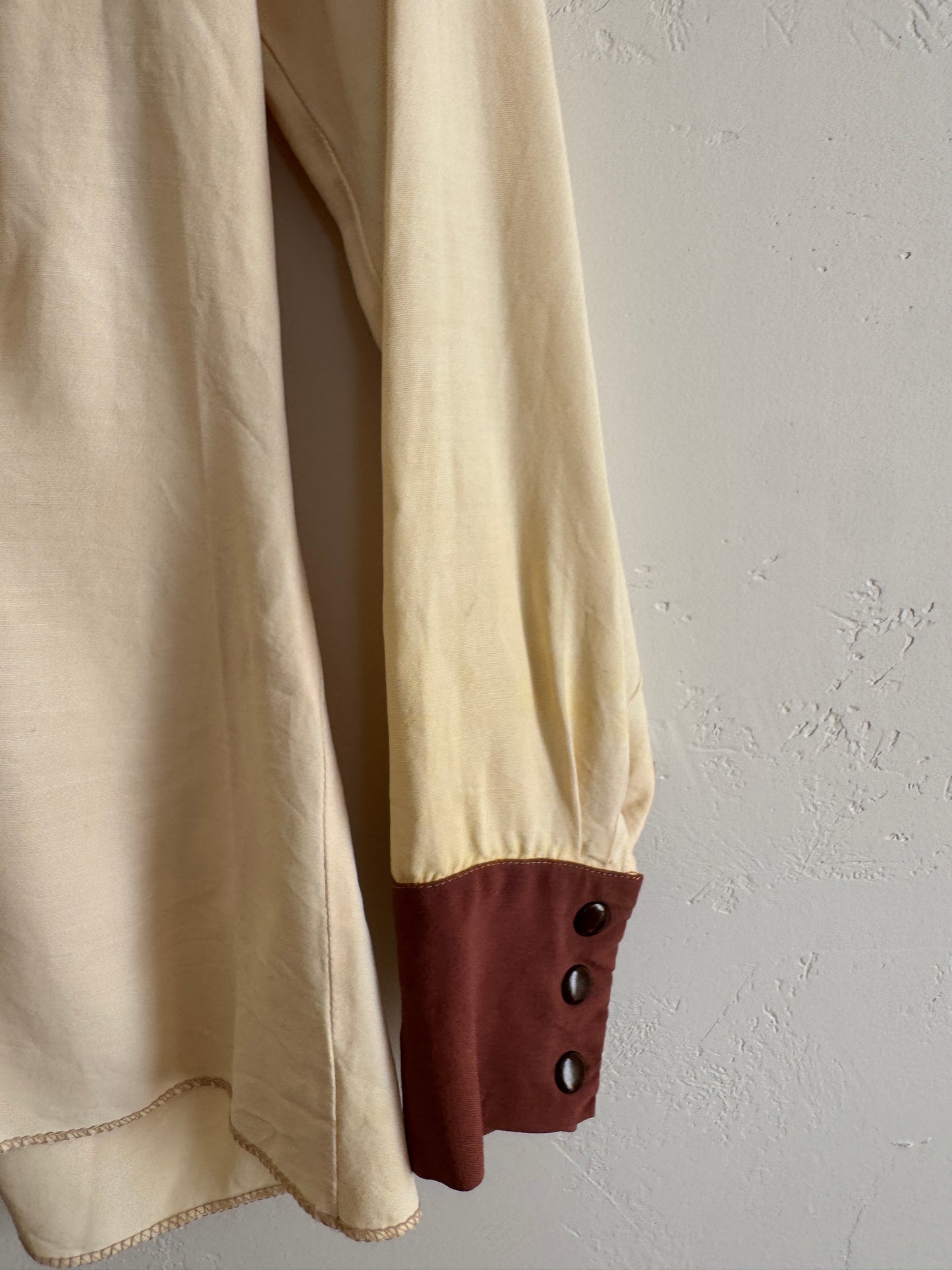1940s Western Creme + Brown Chain Stitched Blouse- S-S/M