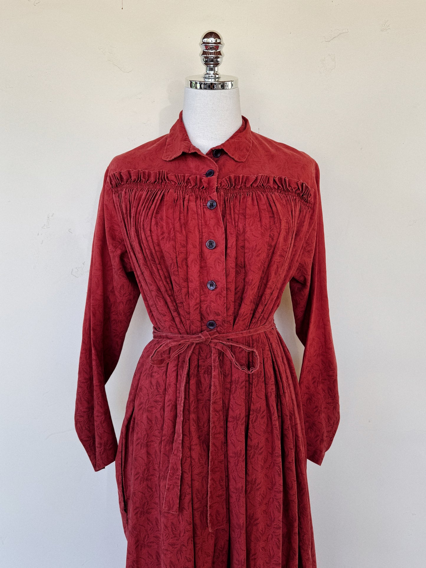Antique 1800s Red Oak Leaf Wrapper Dress
