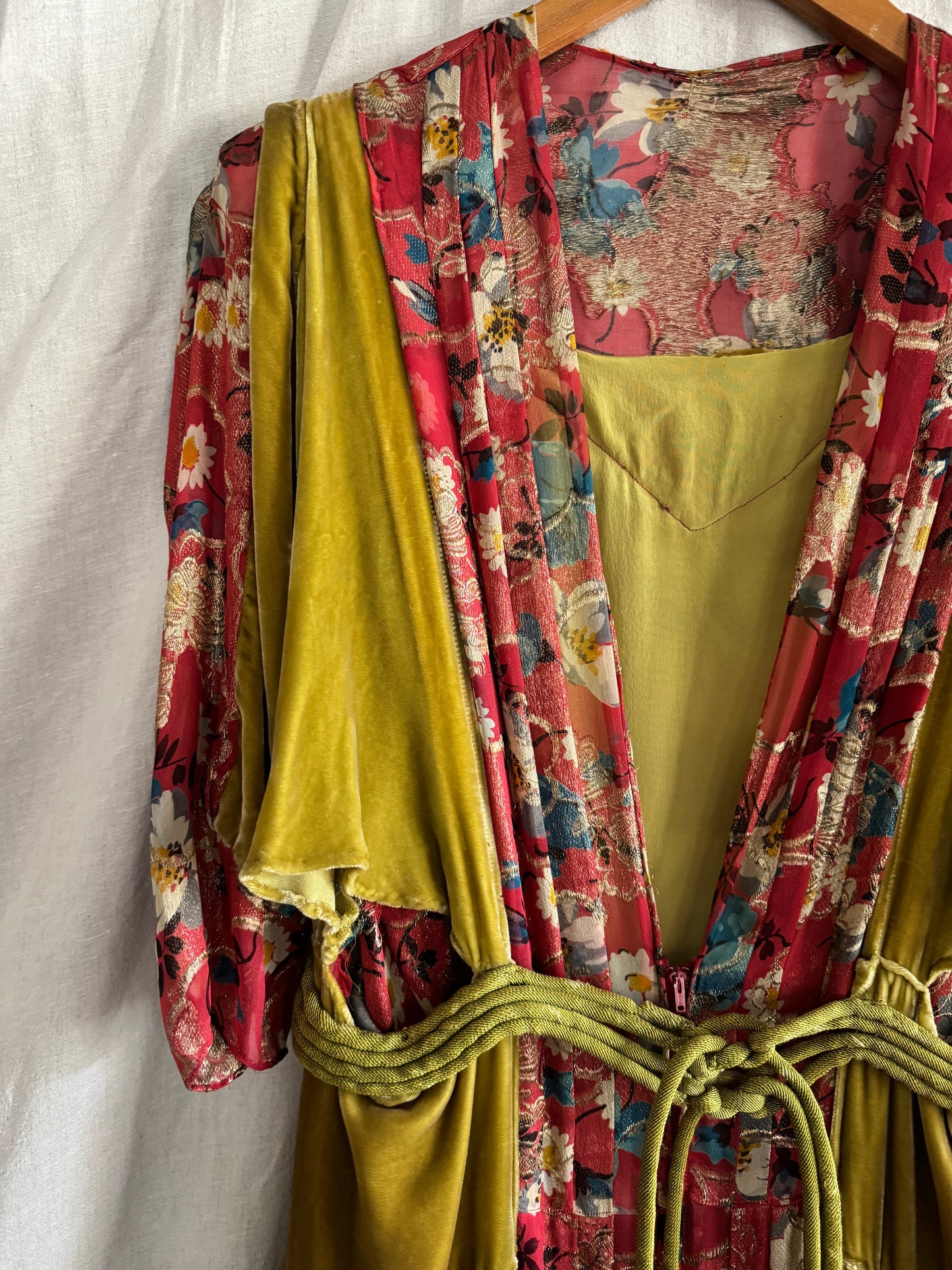 1930s Medieval Golden Velvet + Red Floral Lamé Gown- S/M