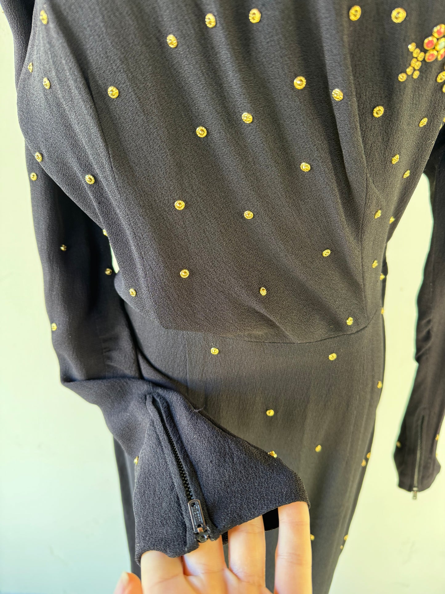 1940s Heavily Encrusted Rhinestone + Studded Crepe Evening Gown- M/L