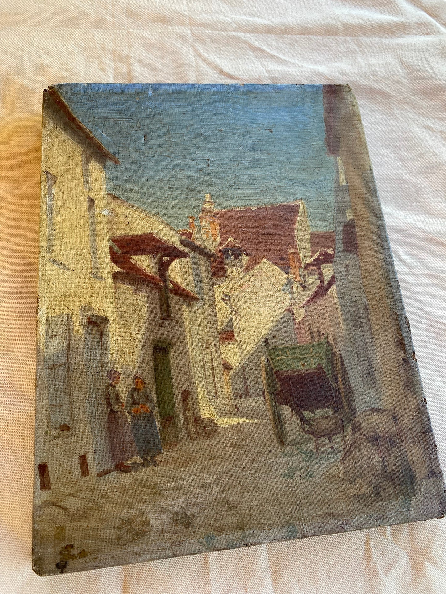 Antique Village Scene Oil on Stretched Canvas- 9 x 12.5
