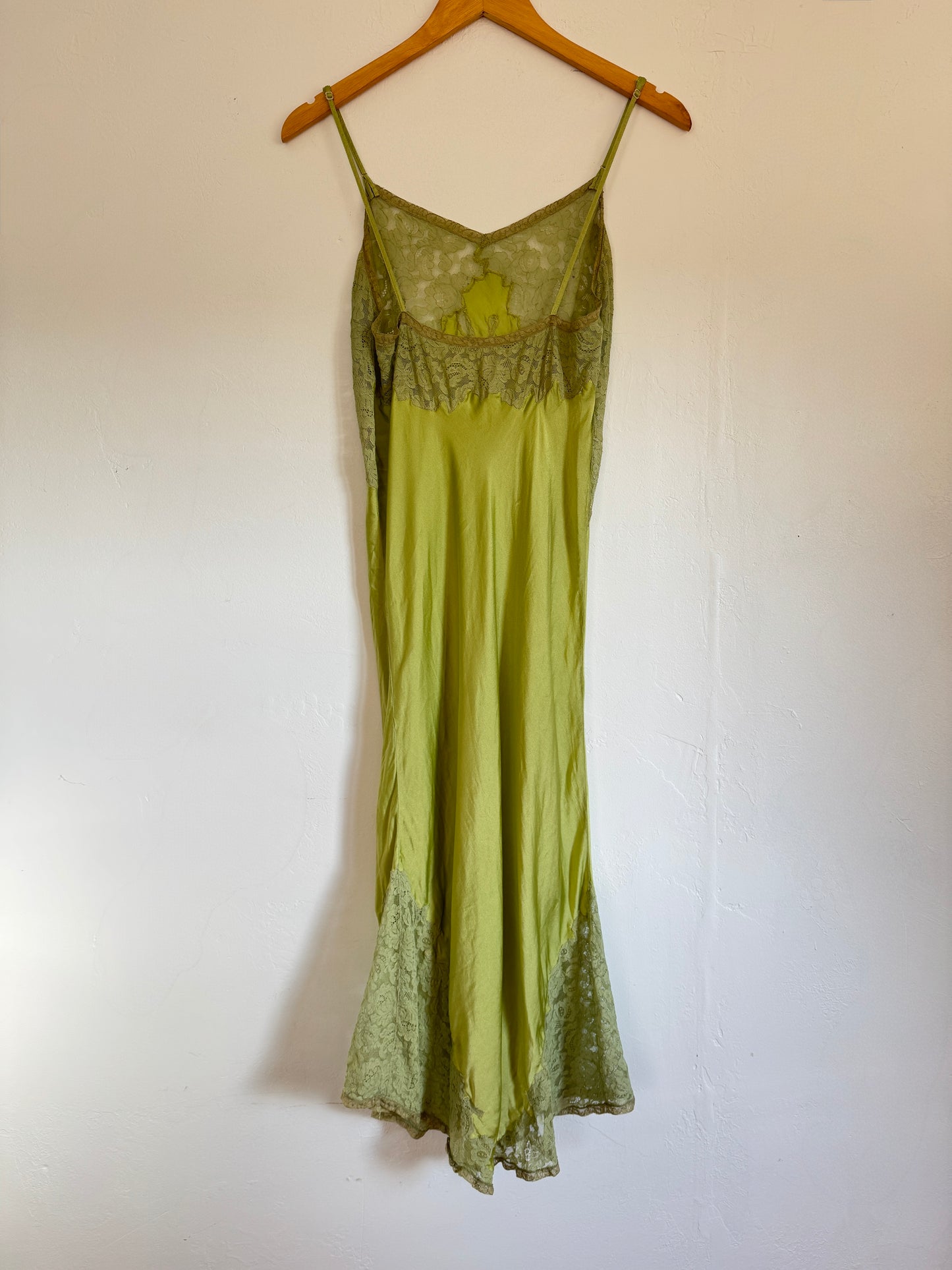 1940s Key Lime Silk + Lace Spaghetti Strap Slip Dress- S-S/M