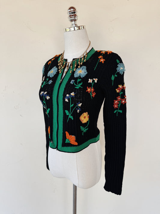 1930s Rare Embroidered Cropped Knit Cardigan w/ Bell Zipper Front- S/M-M