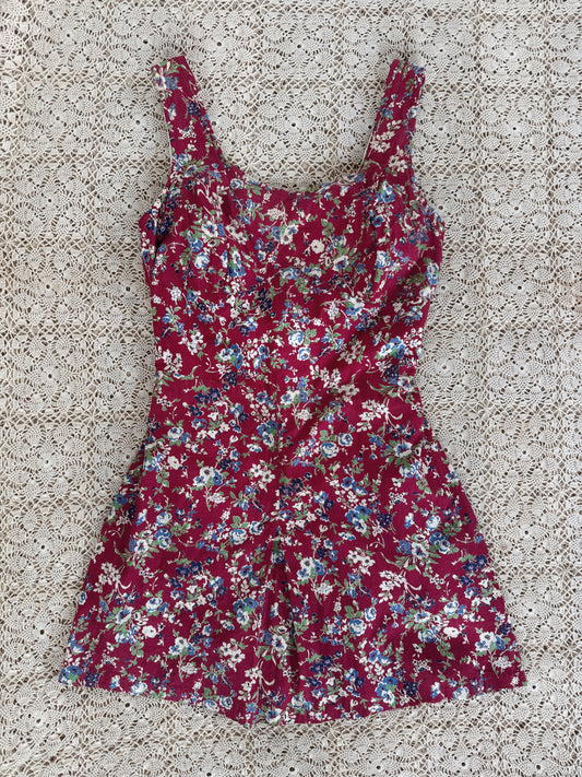 1940s Burgundy Spring Bloom Feedsack Playsuit- S-S/M