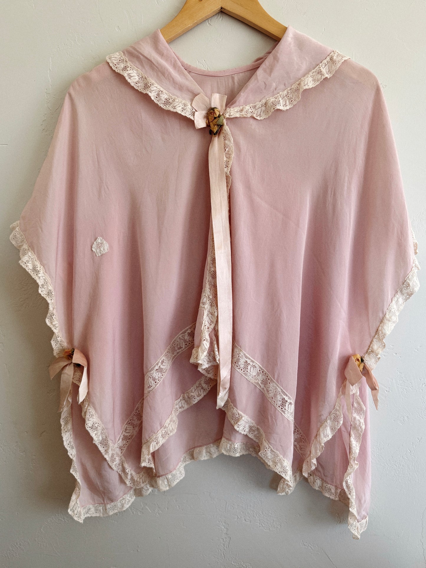 Edwardian Pink Silk + Lace Tabard Bed Jacket- S-L