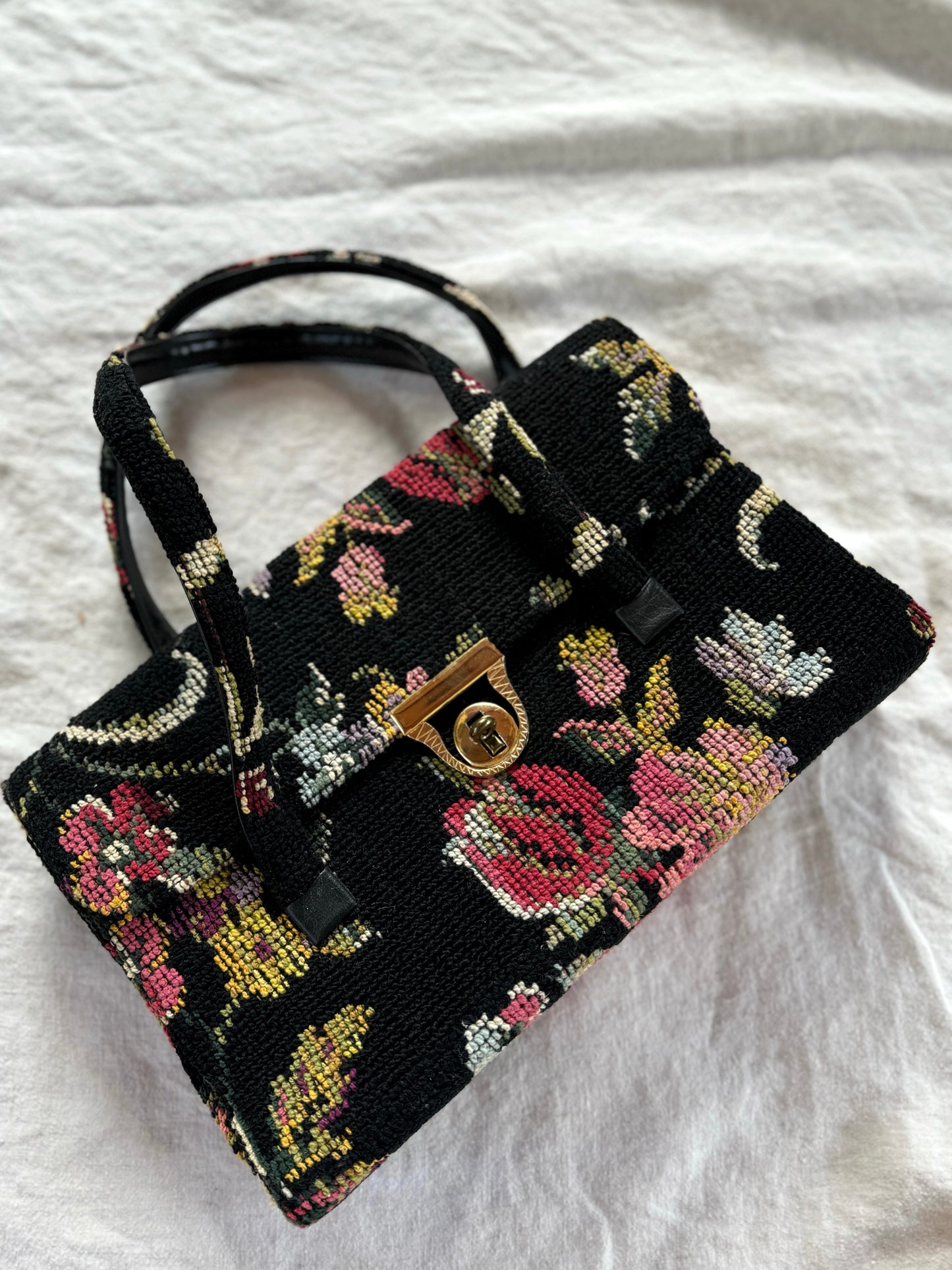 1950s/60s Large Black Floral Needlepoint Handbag