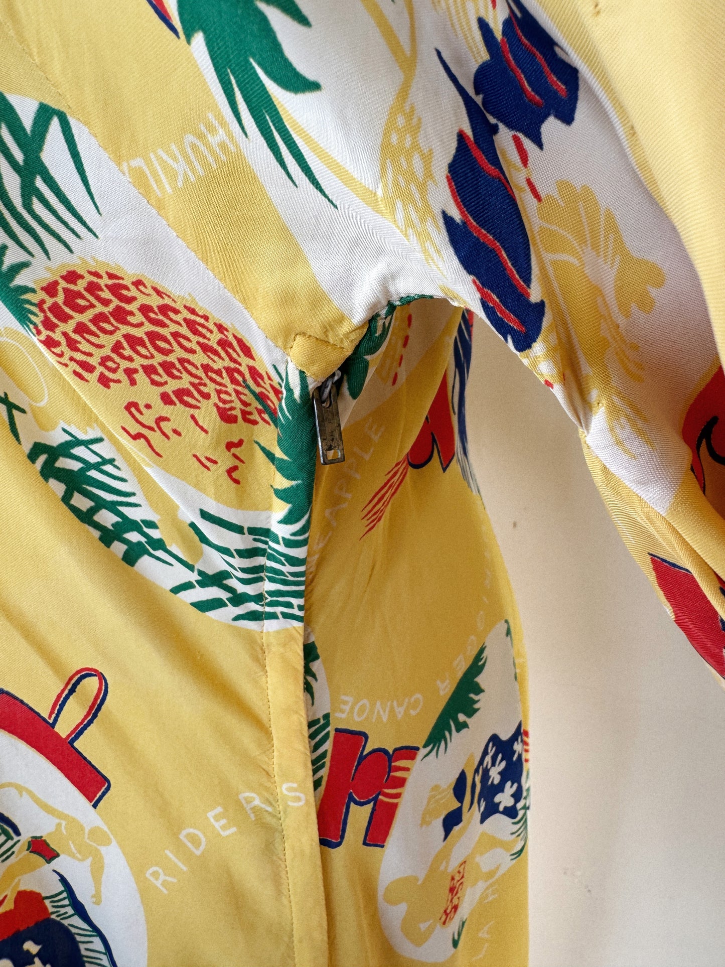 1940s Yellow Cold Rayon Hawaiian Pake Muu Dress- M/L