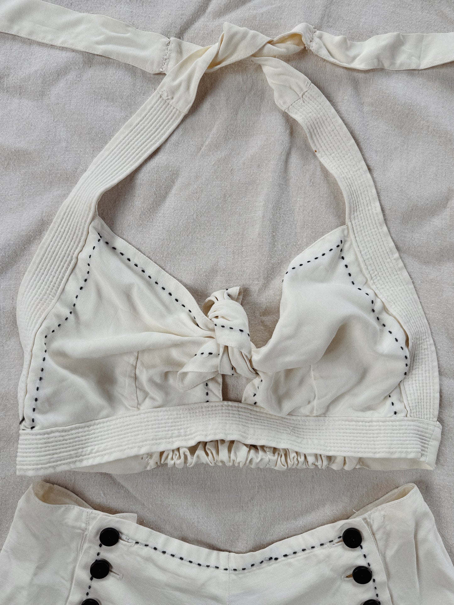 1940s White Sailcloth Playsuit w/ Black Embroidered Trim- M