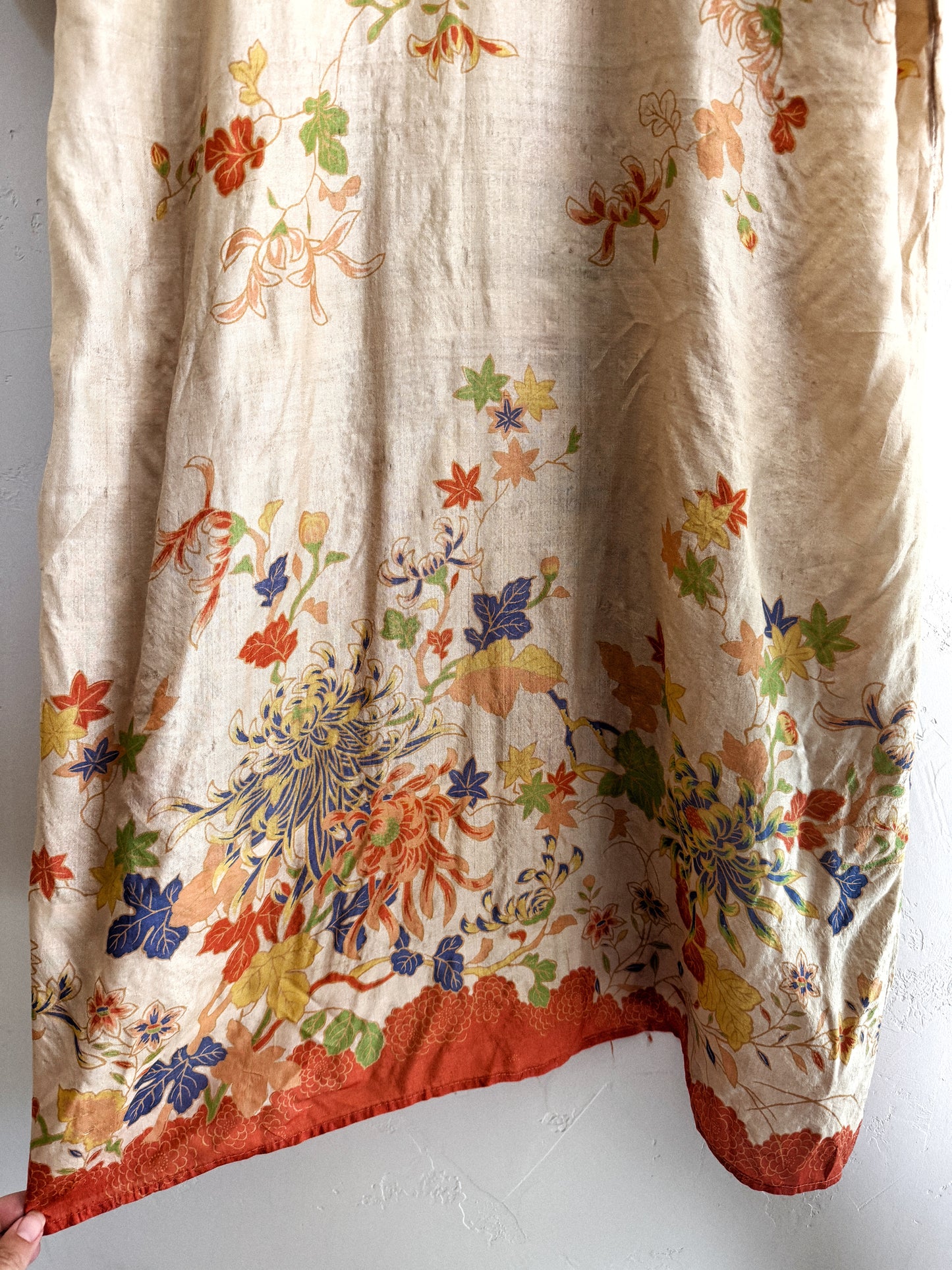 1920s Chartreuse Pongee Silk Duster w/ Chrysanthemum + Autumnal Leaves