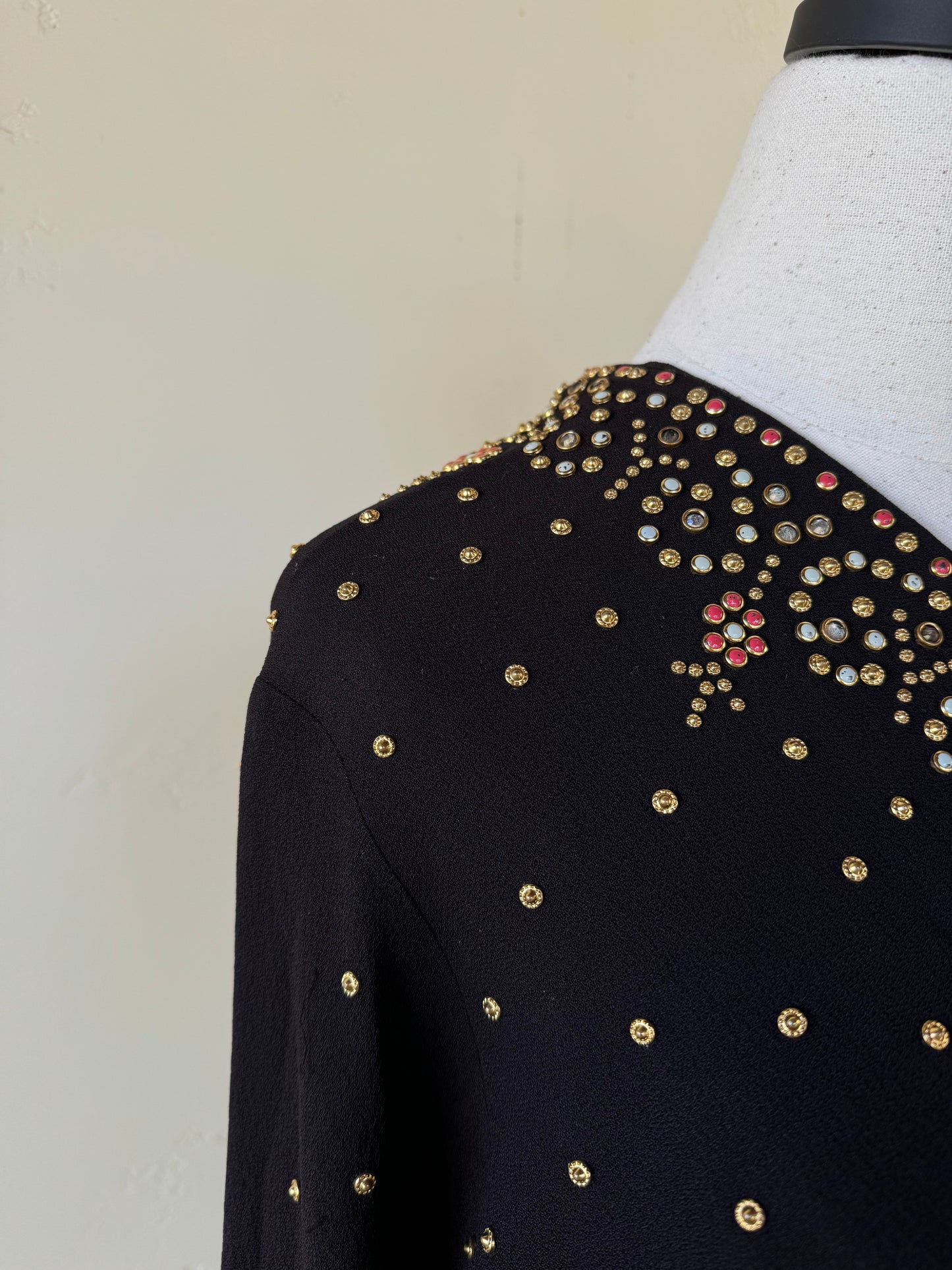 1940s Heavily Encrusted Rhinestone + Studded Crepe Evening Gown- M/L