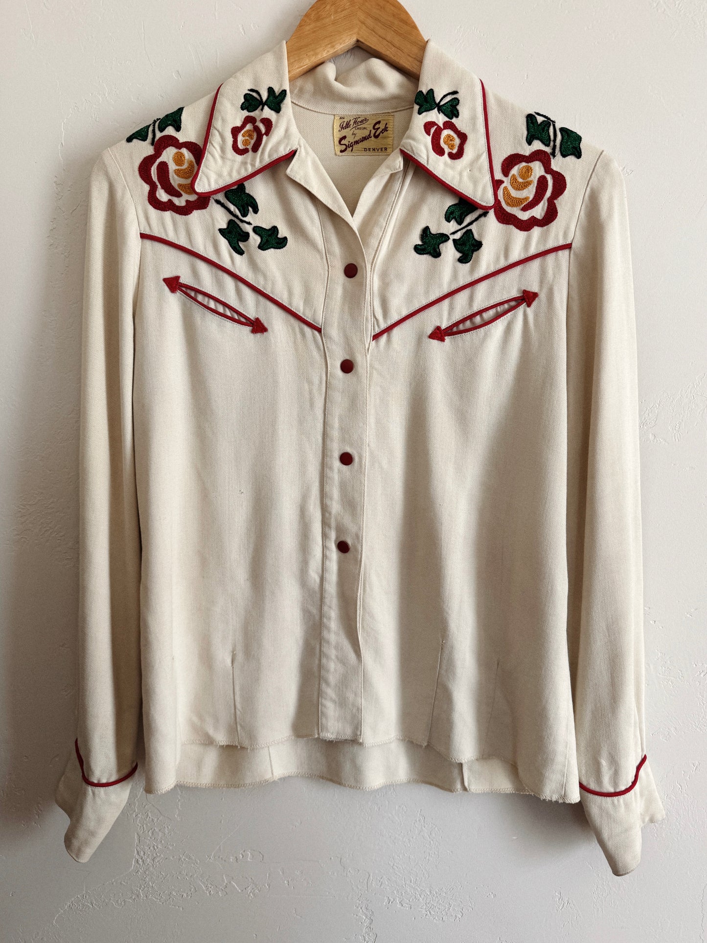 1940s Ivory Western Floral Chain Stitched Blouse- S/M