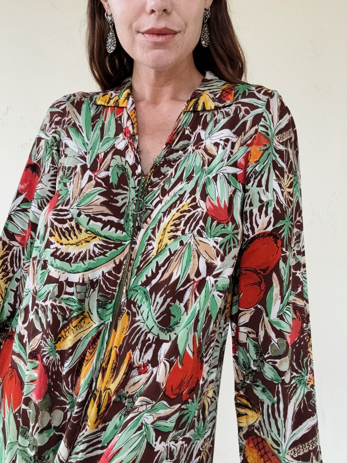 1940s Fruit Print Crepe Kaftan Dress- S/M