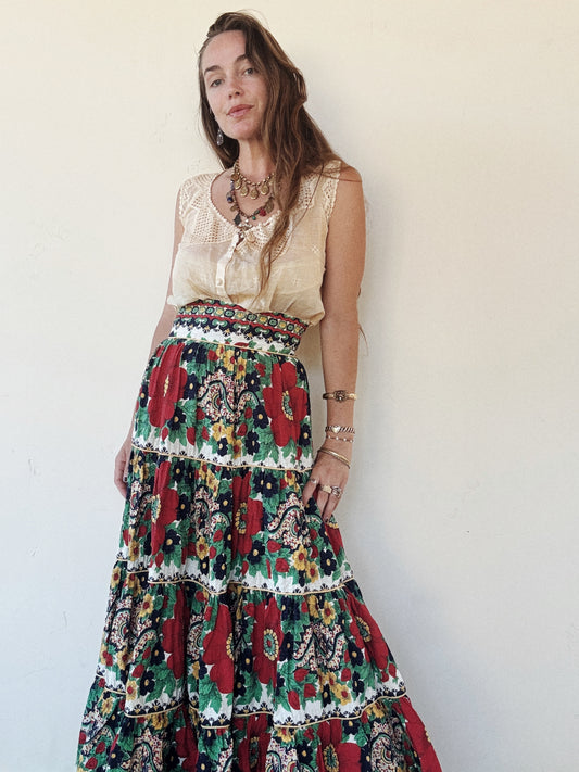 1940s Red + Navy Floral Seersucker Maxi Skirt- S/M