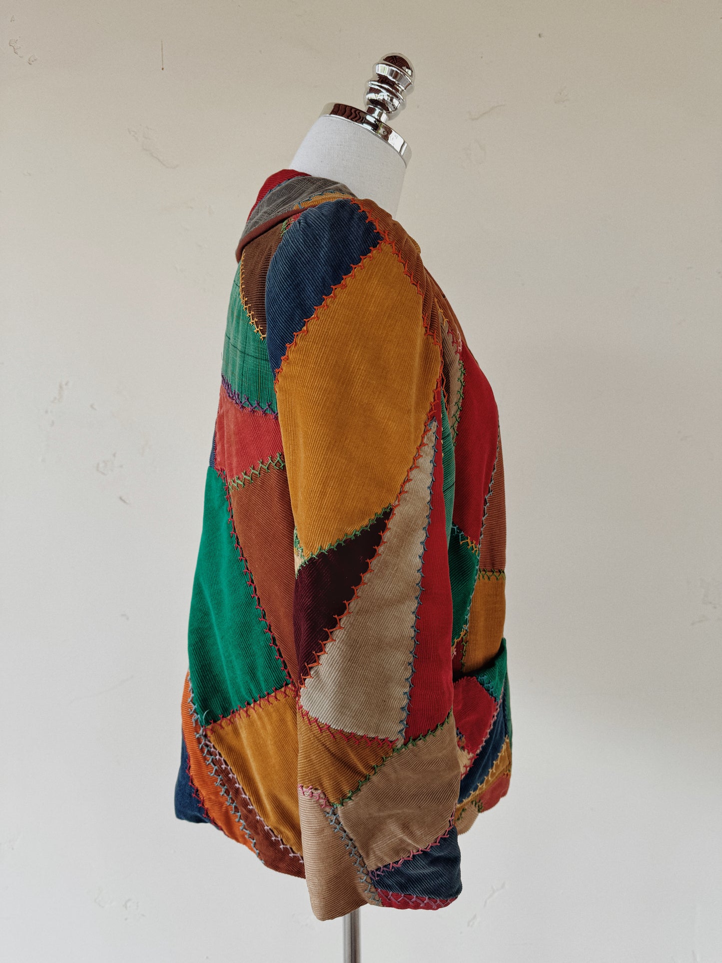 1940s Corduroy Crazy Quilt Jacket w/ Puffed Shoulders- S-M