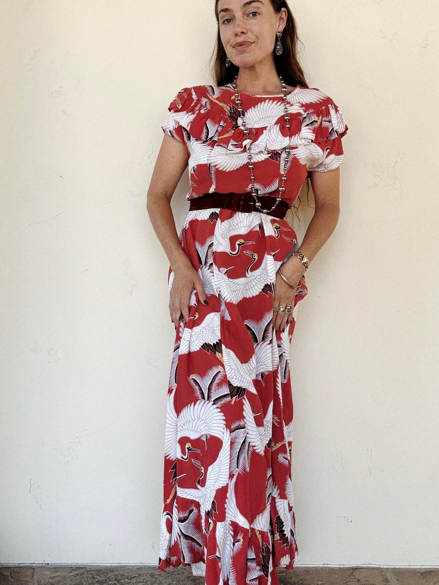 1940s Rare Red Crane Hawaiian Cold Rayon Dress- L