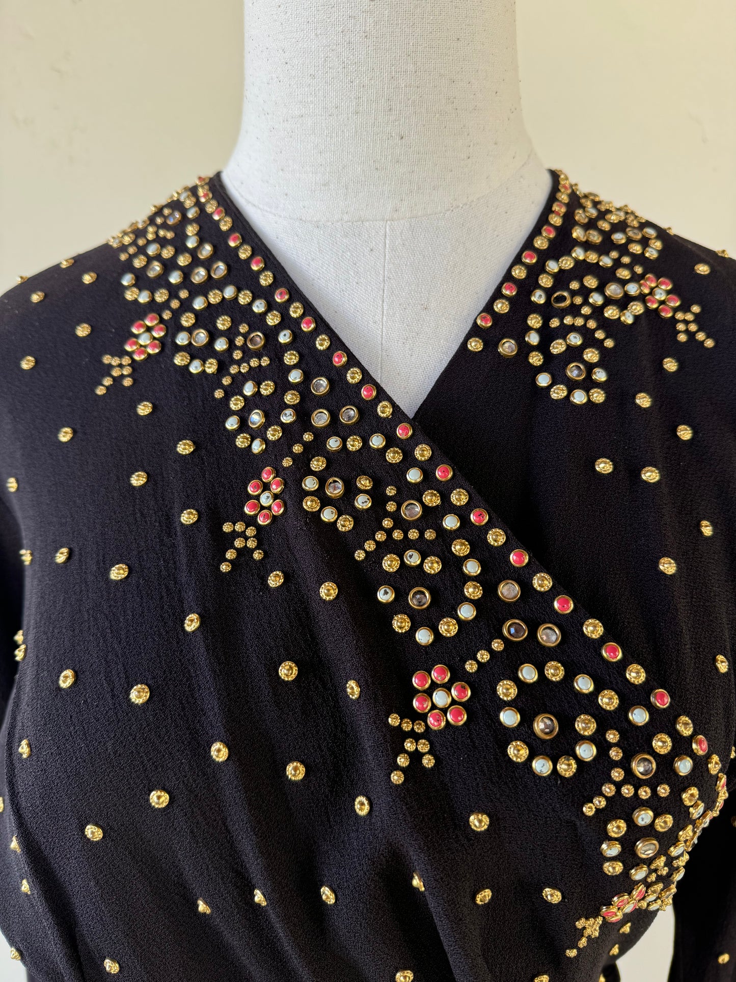 1940s Heavily Encrusted Rhinestone + Studded Crepe Evening Gown- M/L