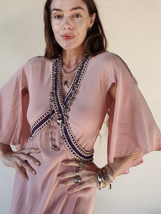 1930s Raspberry + Grape Sherbet Crepe Wrap Dress w/ Studs + Angel Sleeves- S/M