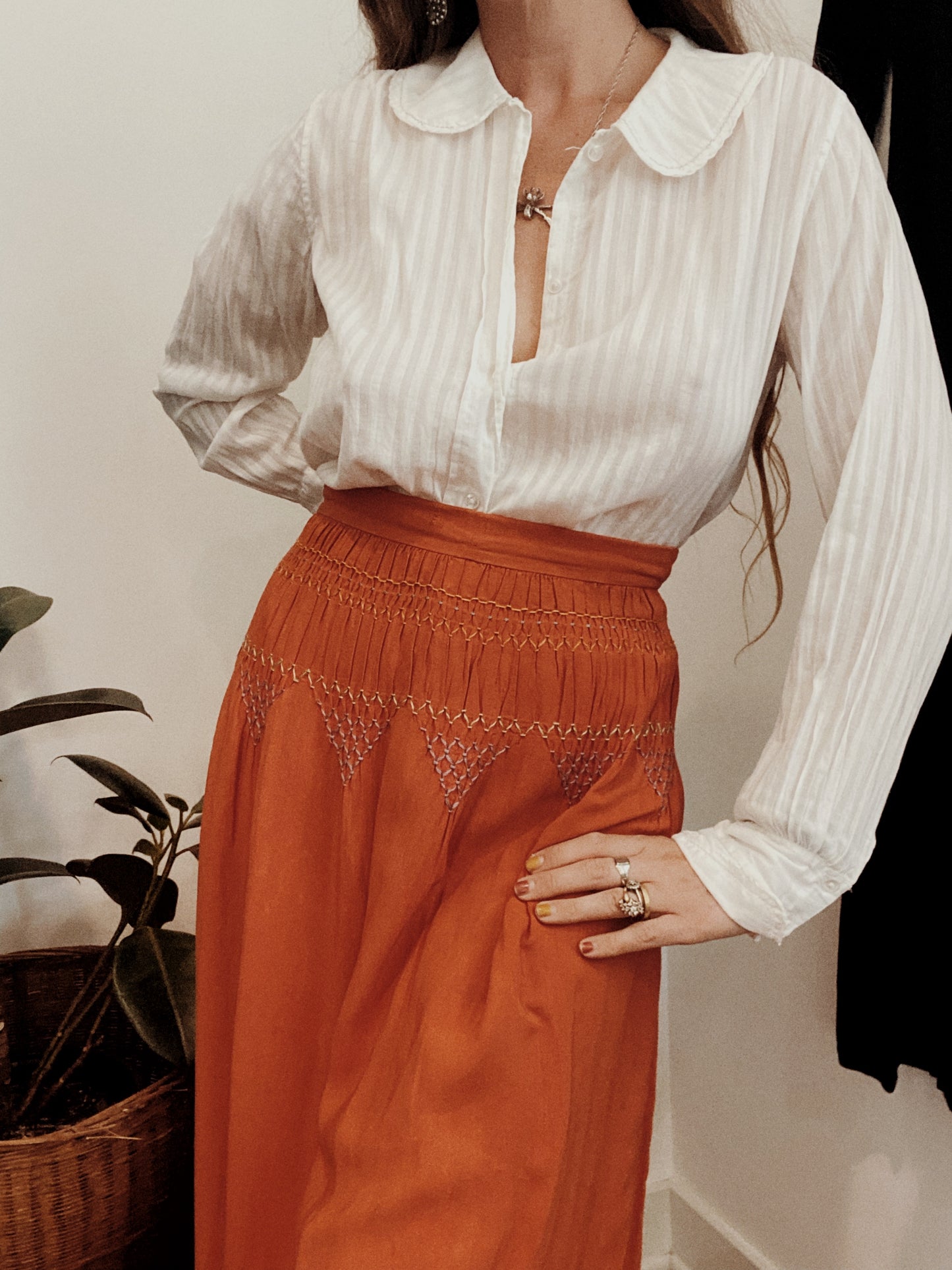 1940s Linen Smocked Orange Folk Skirt- 34” Waist